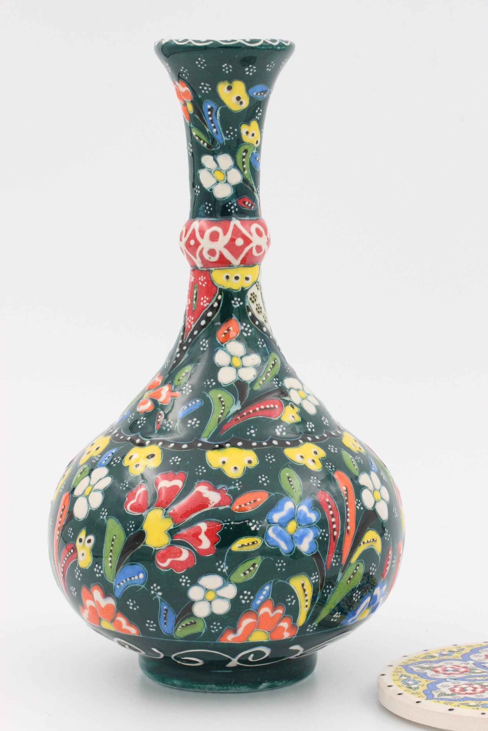 20cm Hand Crafted Turkish Tear Vase Colourful Relief 12 Dark Green