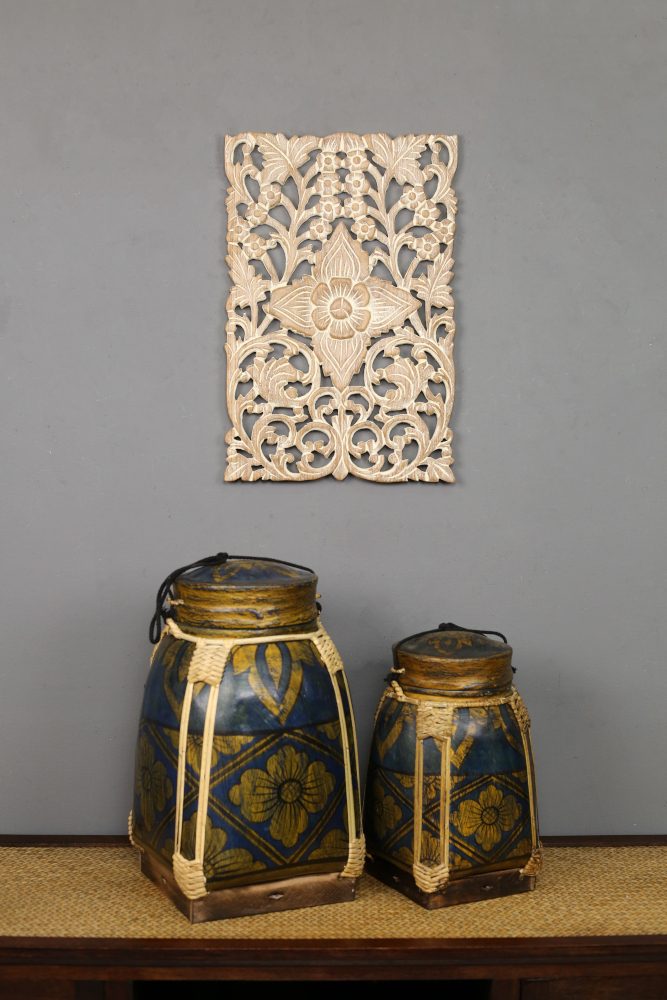 30cm x 45cm Flower Teak Wooden Carving White Wash 1