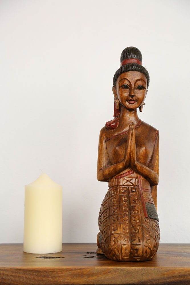 38cm Carved Wooden Sawasdee Lady Kneeling 2 38cm Carved Wooden Sawasdee Lady Kneeling