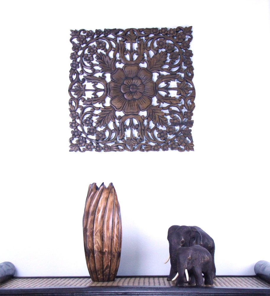 45cm 3D Flower Teak Wooden Carving Natural 1