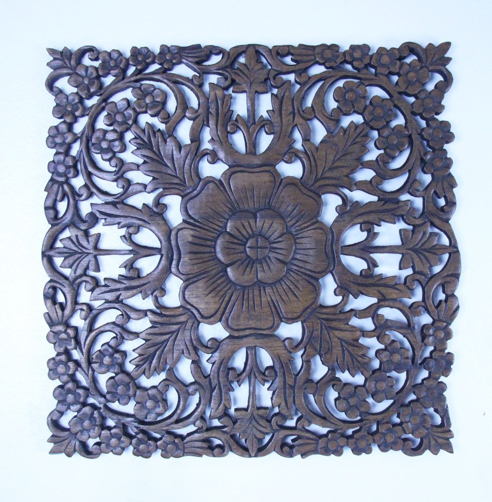 45cm 3D Flower Teak Wooden Carving Natural 2