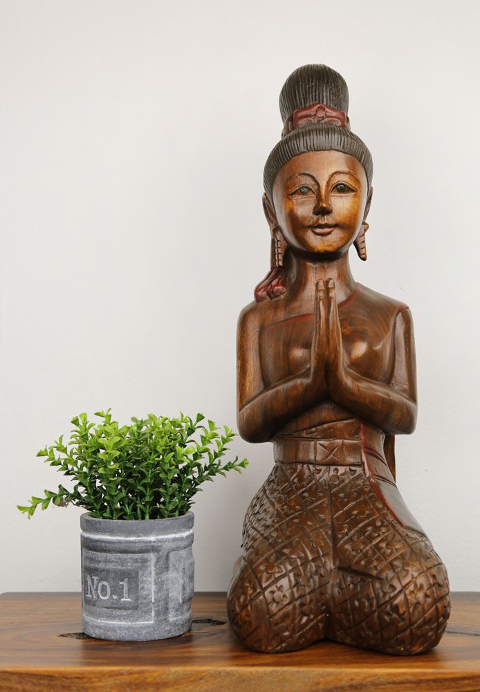 53cm Carved Wooden Sawasdee Lady Kneeling 1 53cm Carved Wooden Sawasdee Lady Kneeling