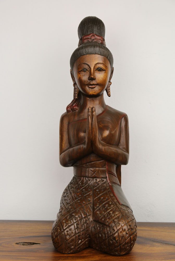 53cm Carved Wooden Sawasdee Lady Kneeling 2 53cm Carved Wooden Sawasdee Lady Kneeling