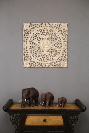 60cm x 60cm 3D Flower Teak Wooden Carving White Wash