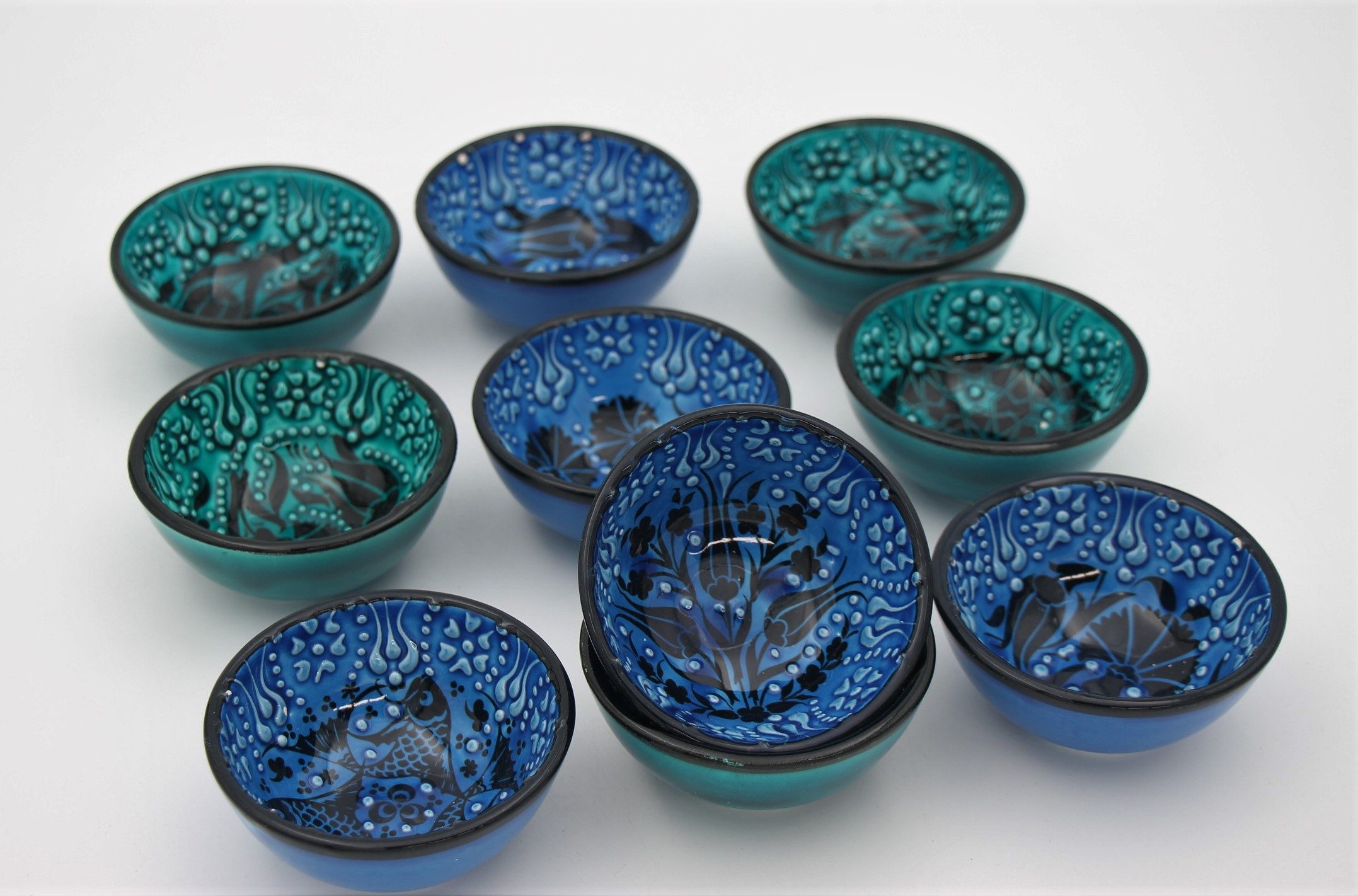8 Cm Turkish Hand Painted Ceramic Bowls In Turquoise ALL 4