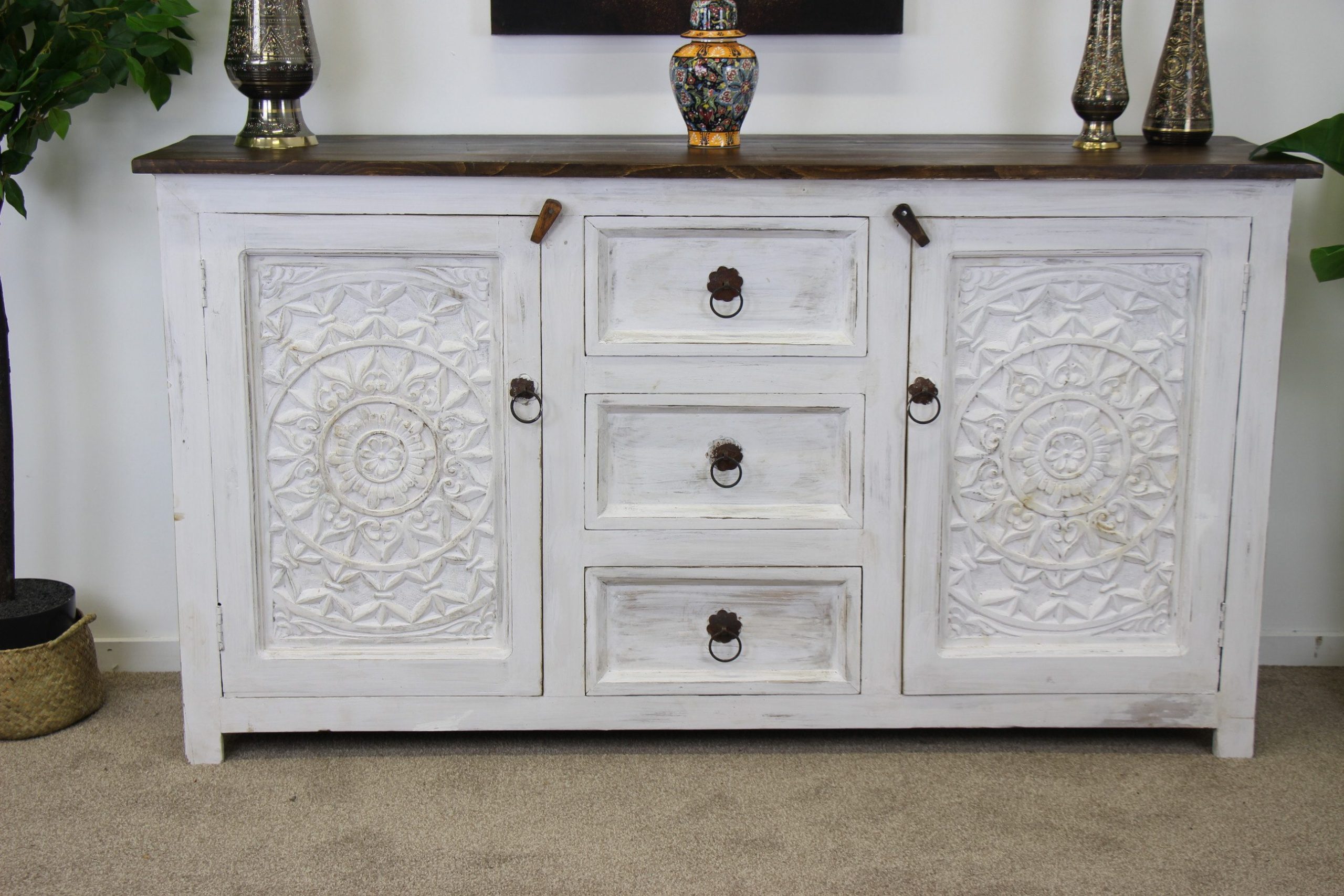Adhira Large Sideboard Unit With Hand Carving White Wash 1