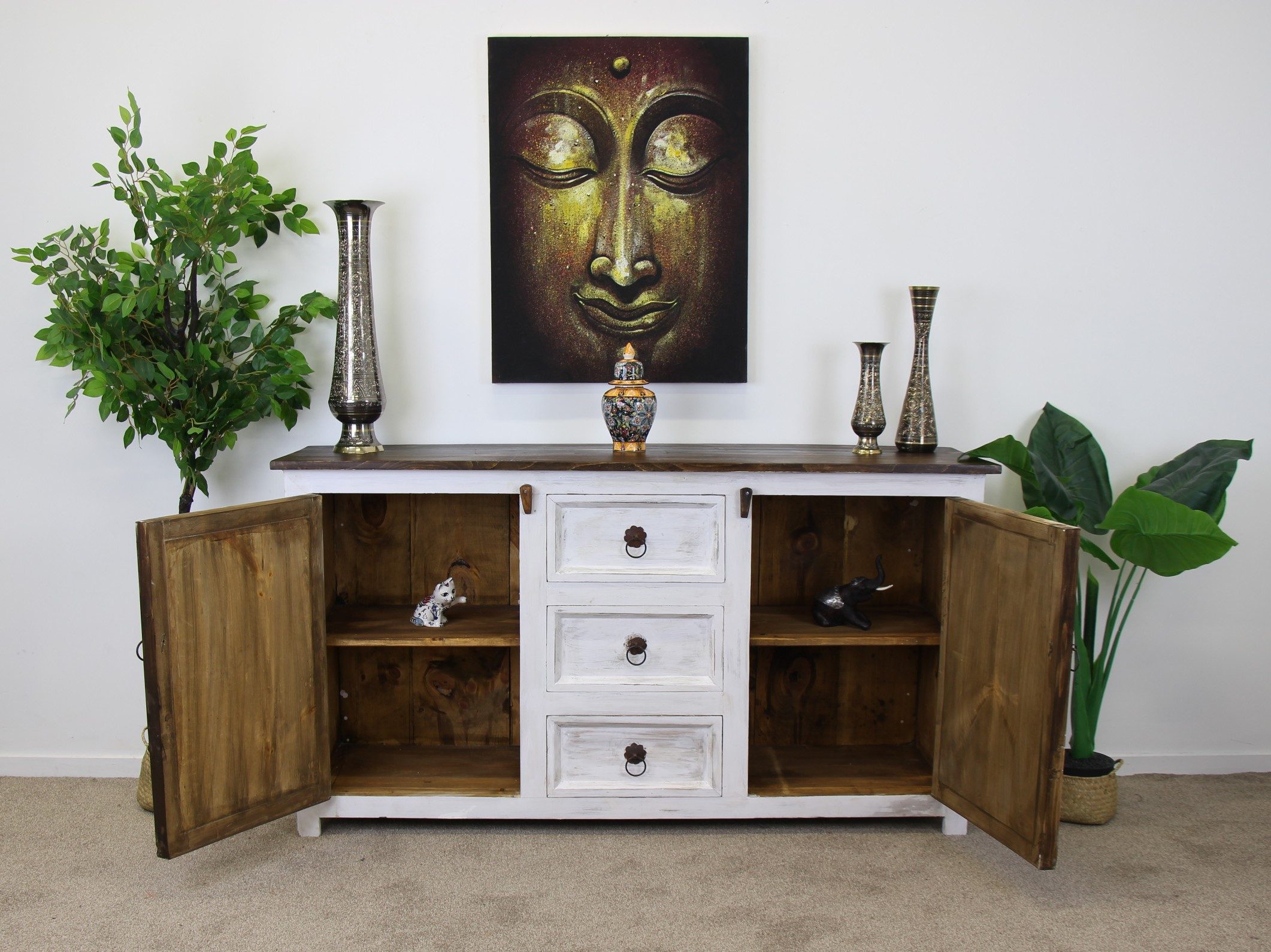 Adhira Large Sideboard Unit With Hand Carving White Wash 2