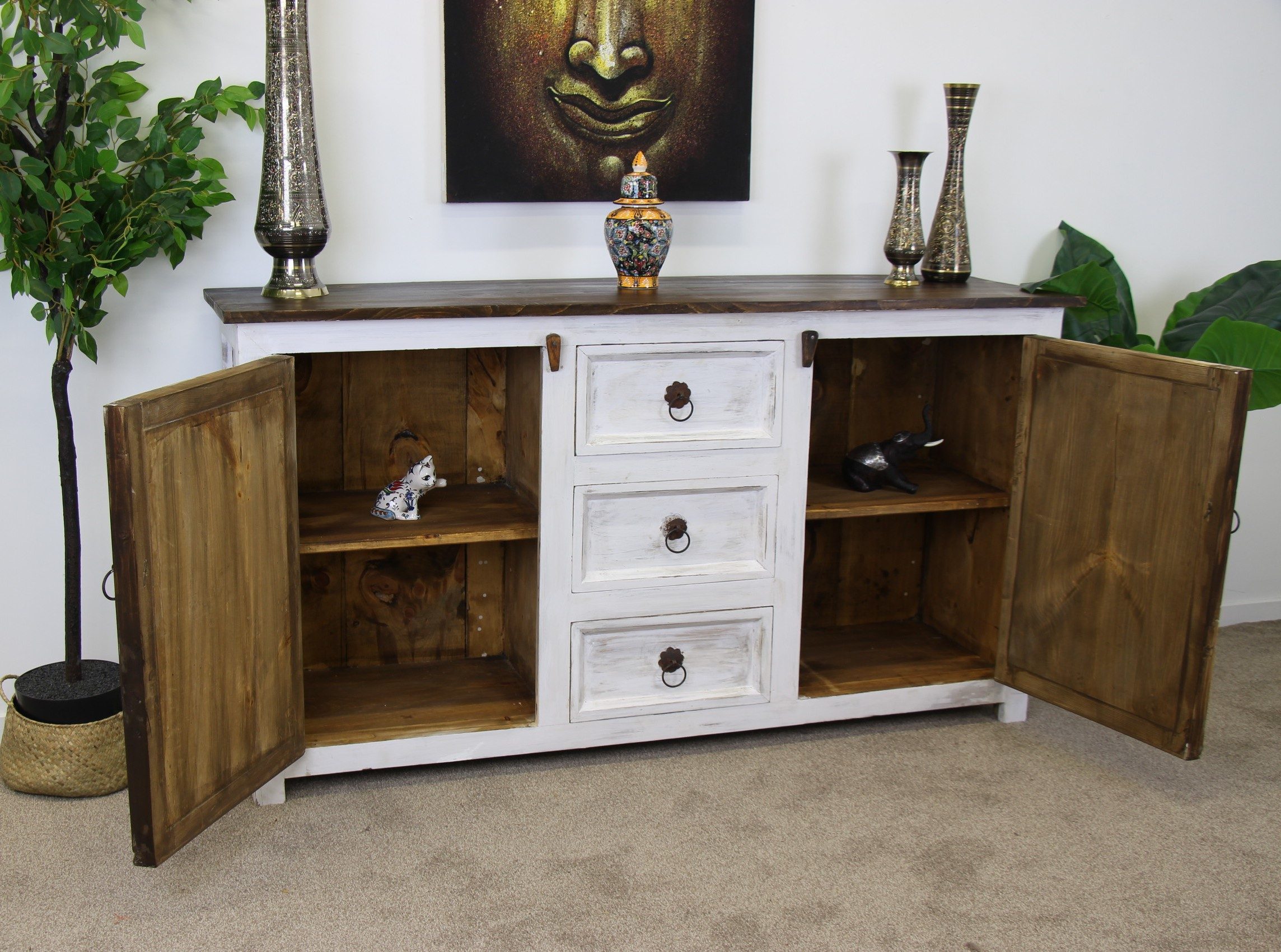 Adhira Large Sideboard Unit With Hand Carving White Wash 3