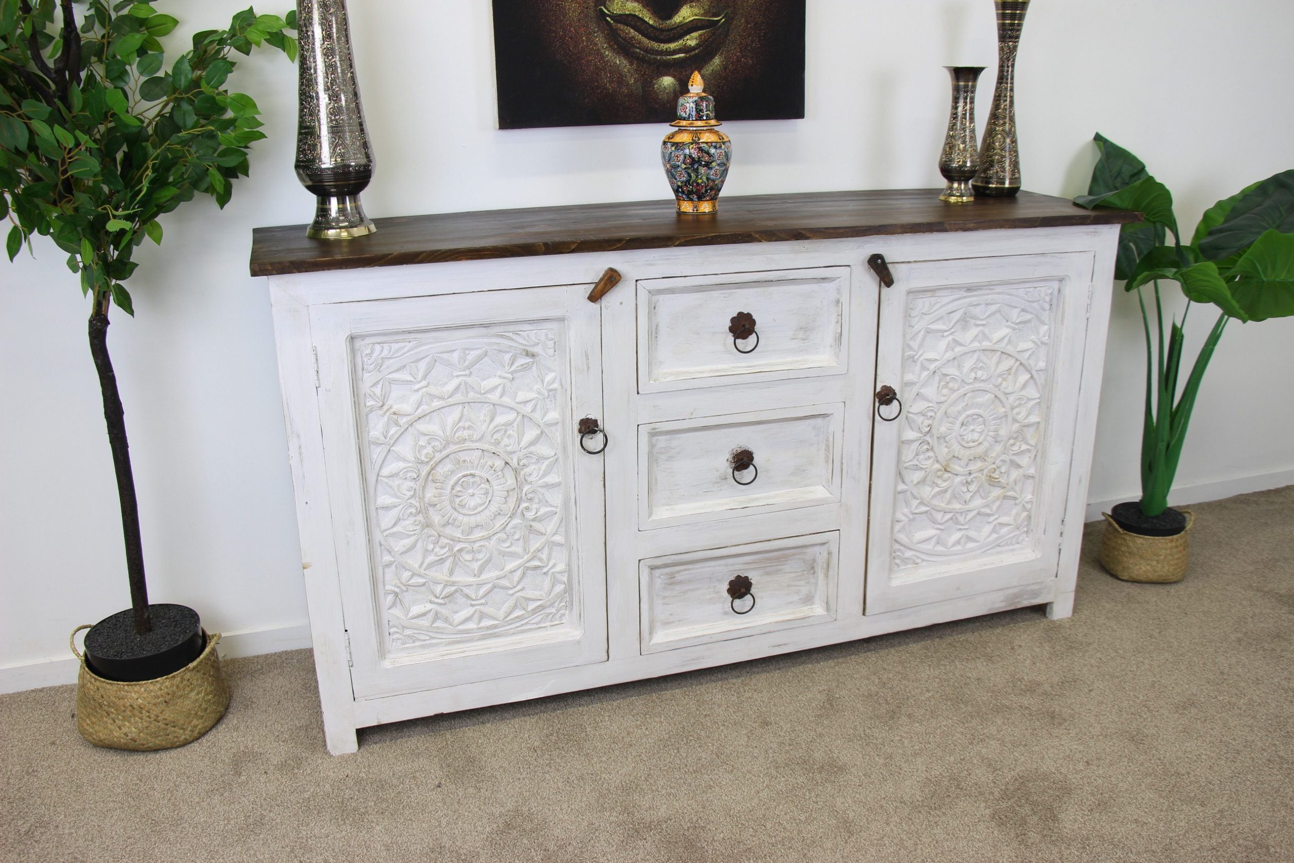 Adhira Large Sideboard Unit With Hand Carving White Wash 4