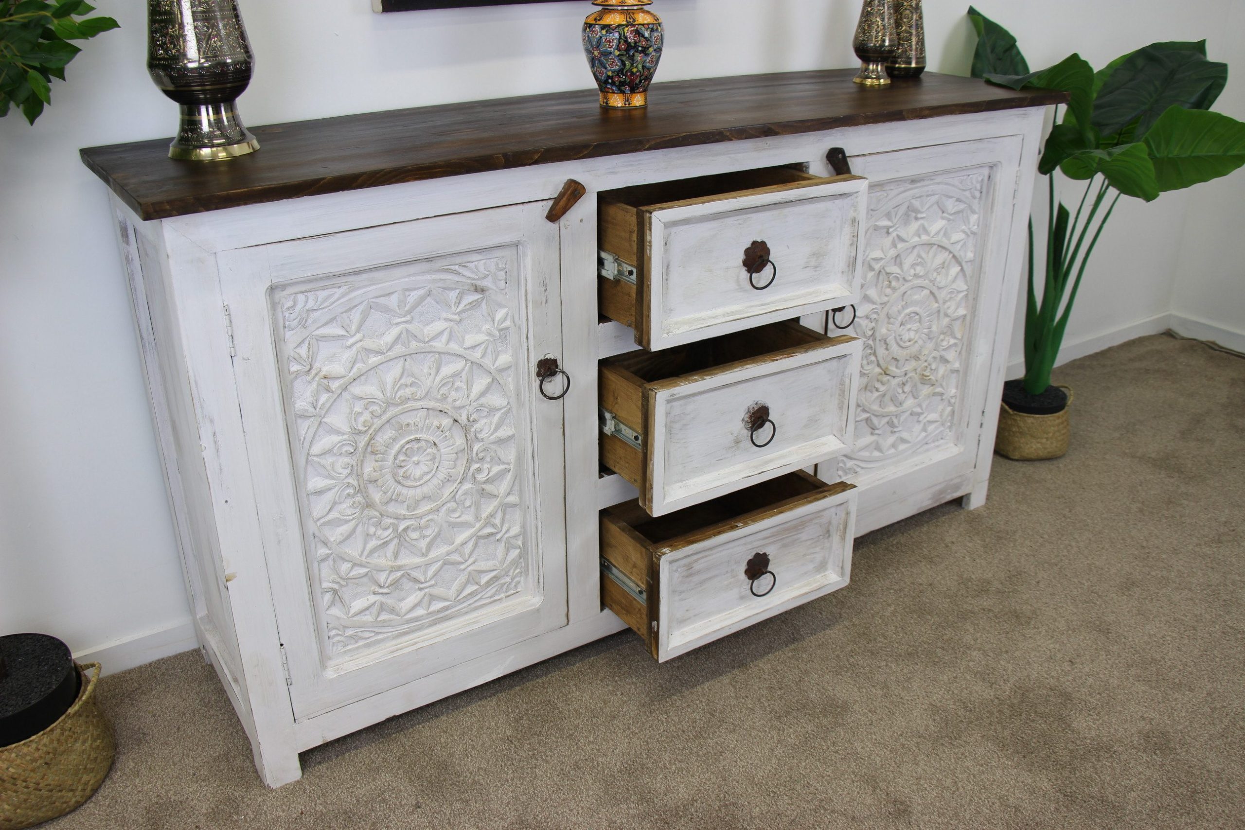 Adhira Large Sideboard Unit With Hand Carving White Wash 5