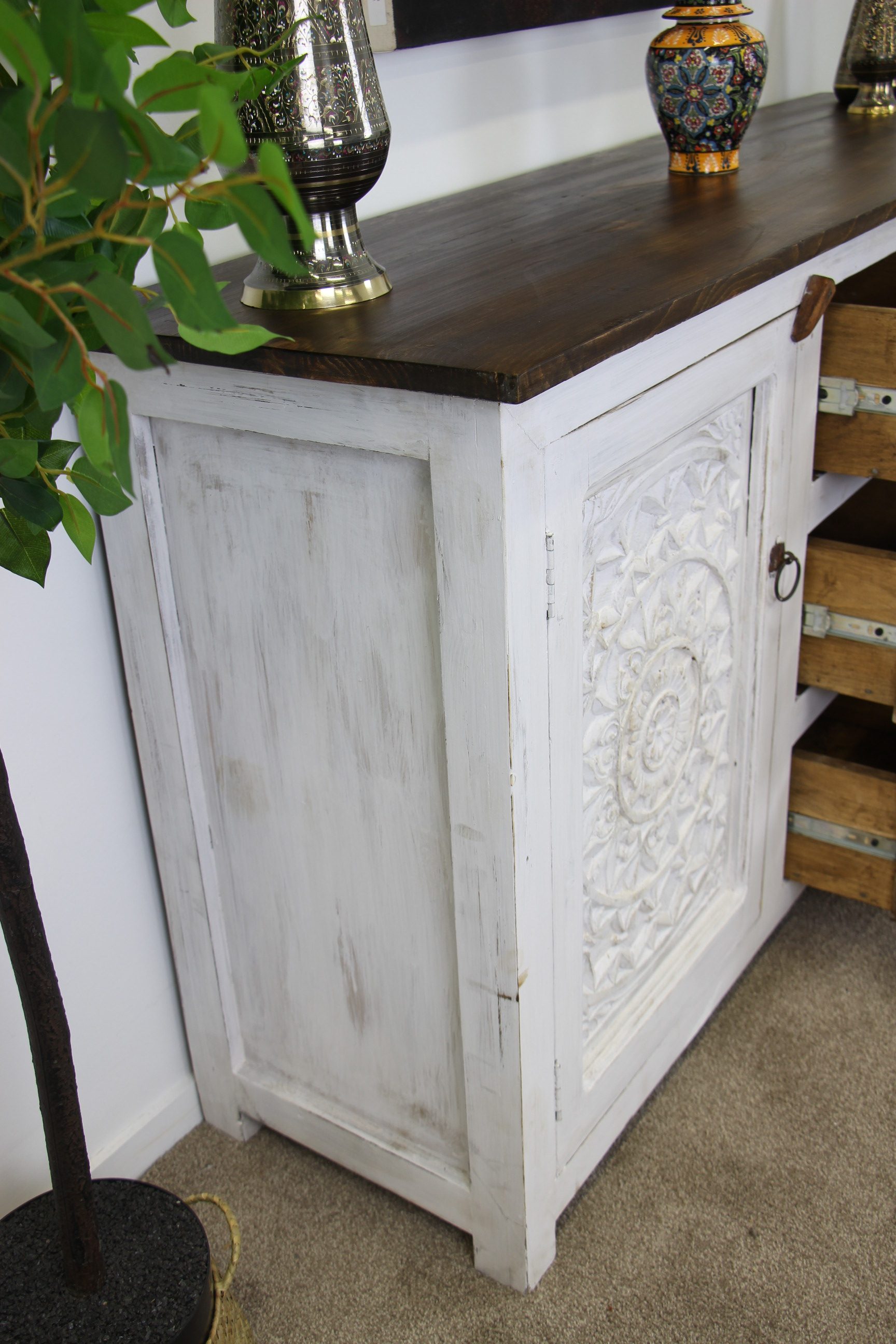 Adhira Large Sideboard Unit With Hand Carving White Wash 6