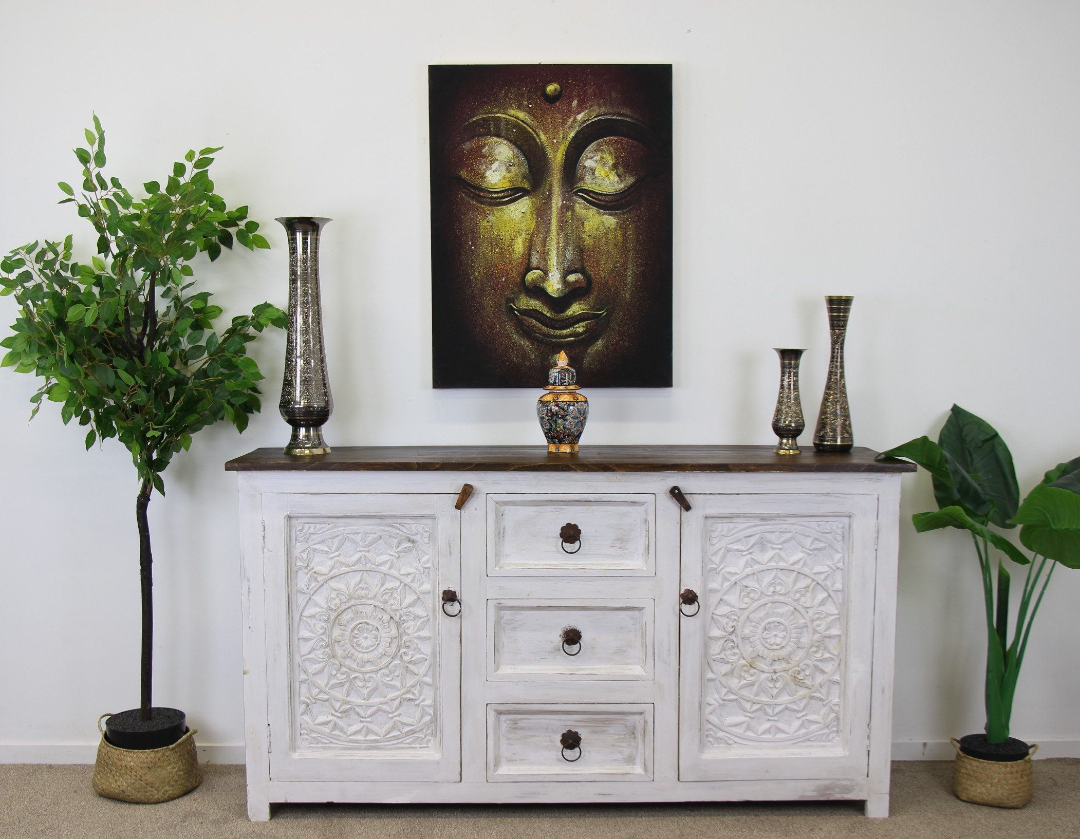 Adhira Large Sideboard Unit With Hand Carving White Wash