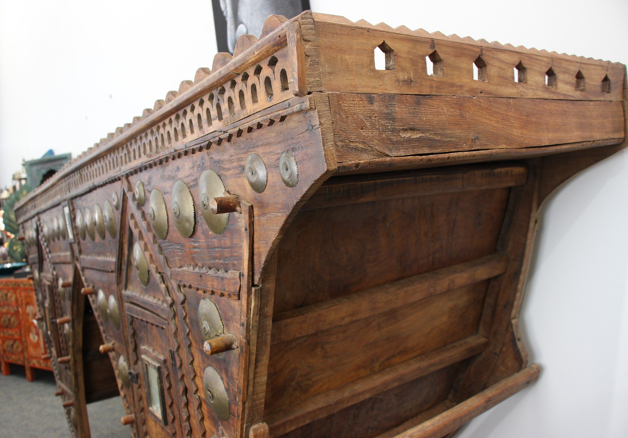 Antique Wedding Camel Seat Teak With Brass Inlay 14