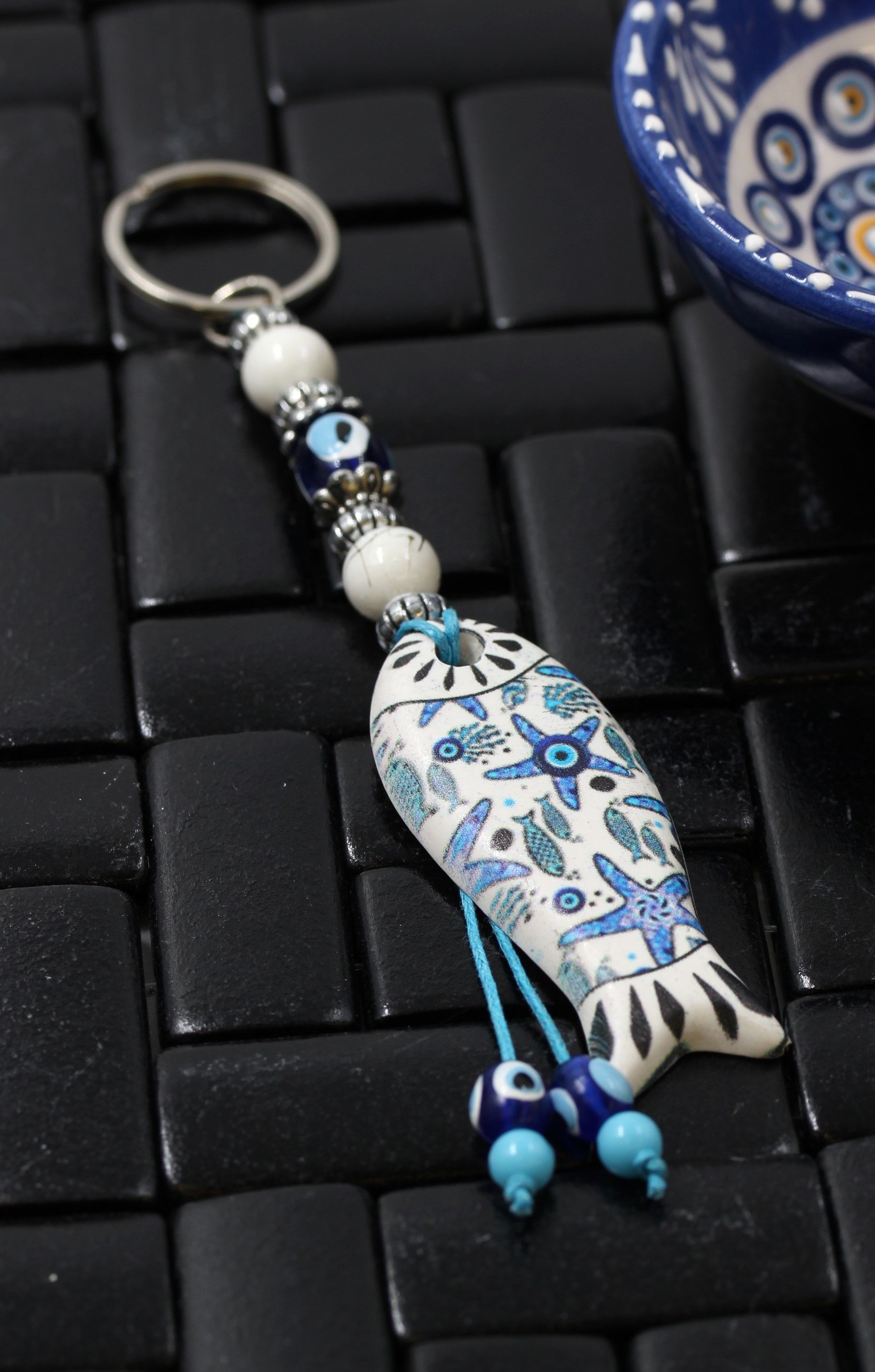 Evil Eye Ceramic Fish Key Ring 1