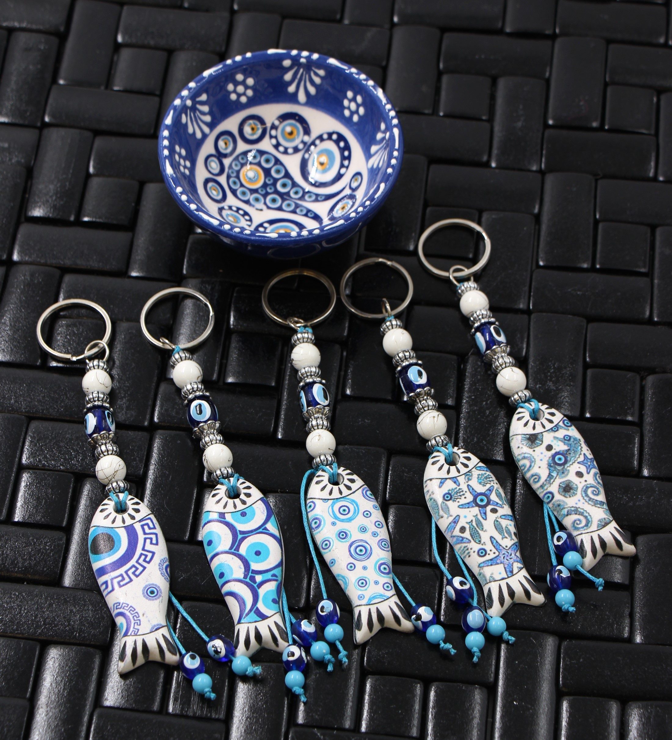 Evil Eye Ceramic Fish Key Ring A