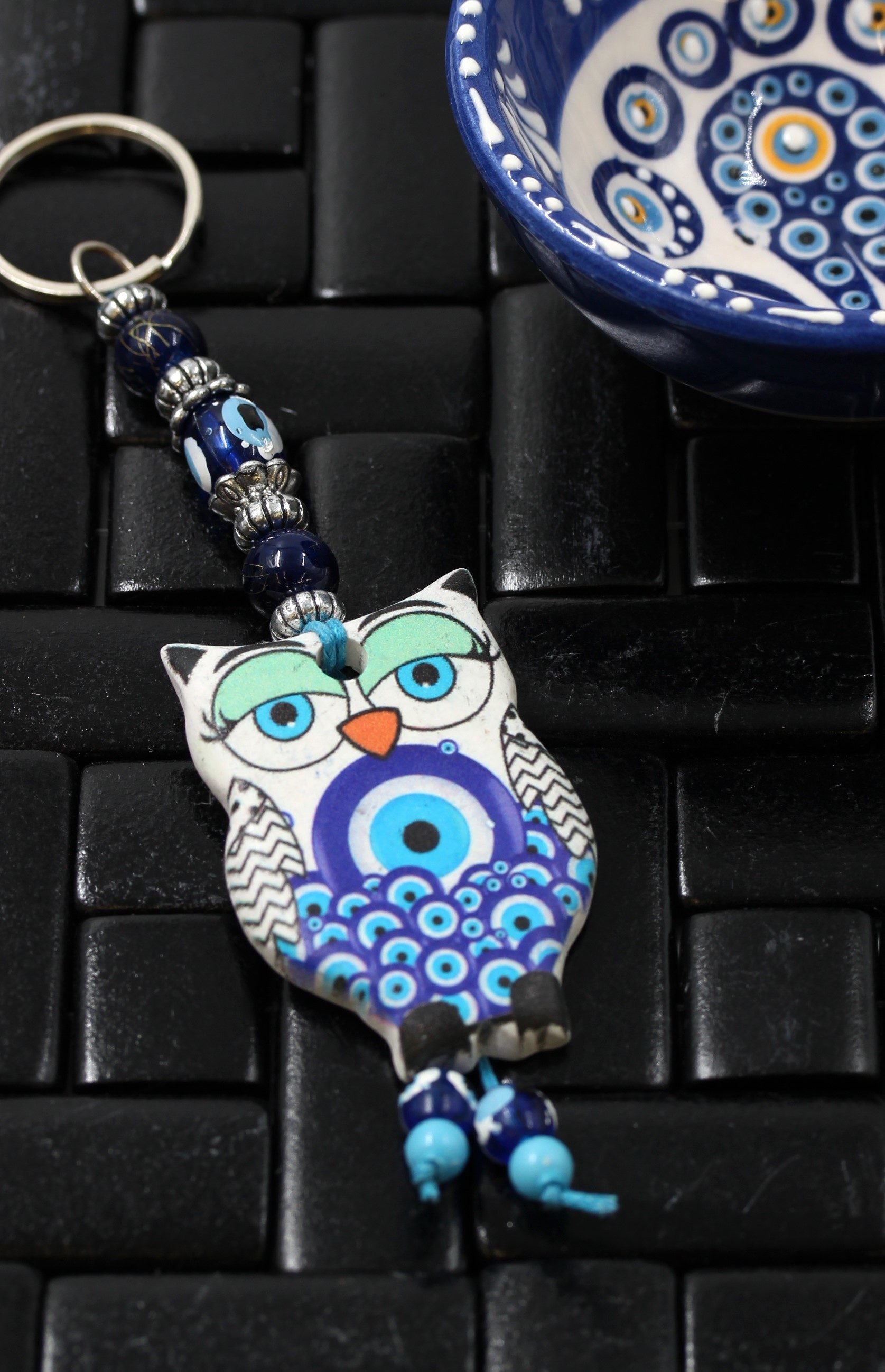 Evil Eye Ceramic Owl Key Ring 1