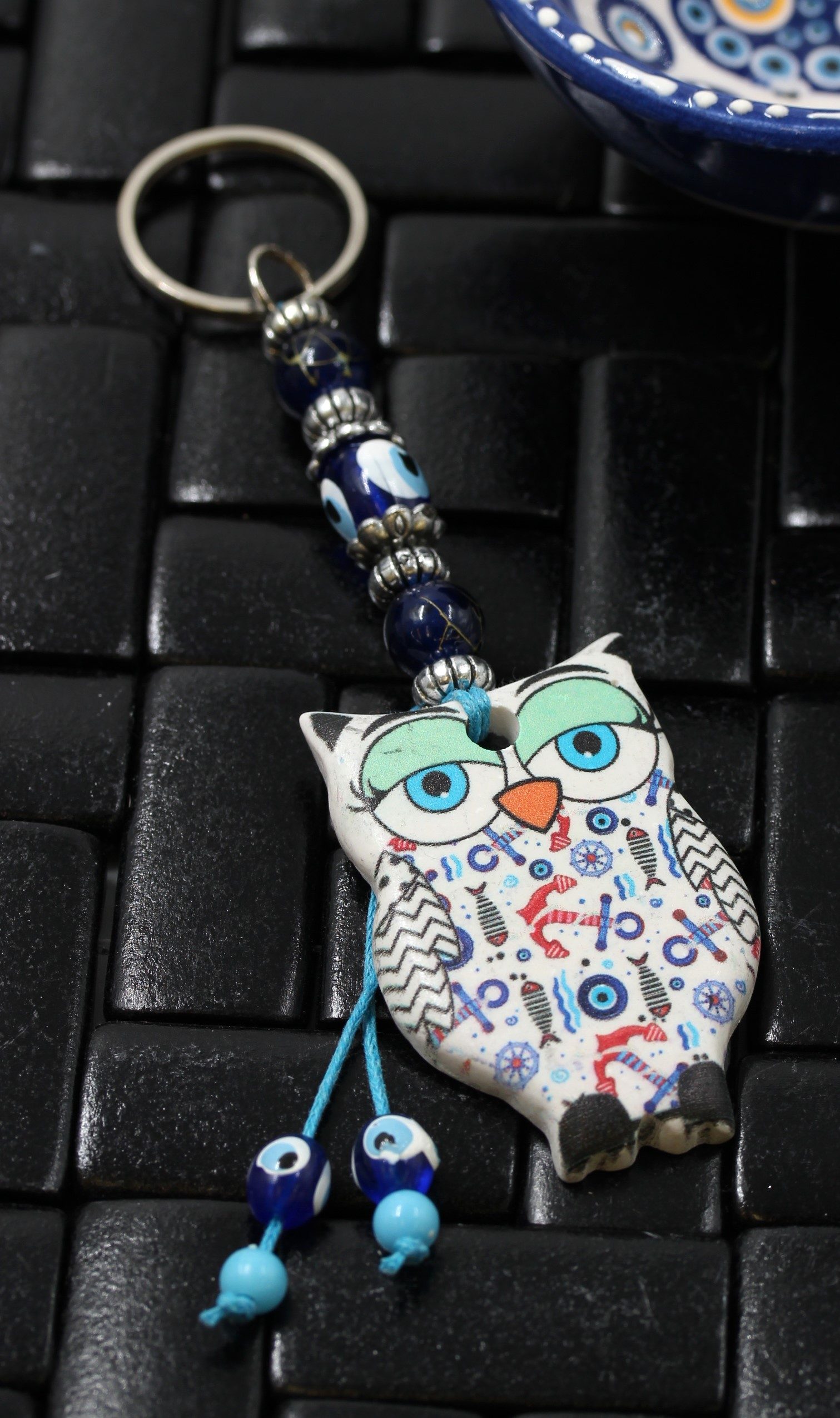 Evil Eye Ceramic Owl Key Ring 2