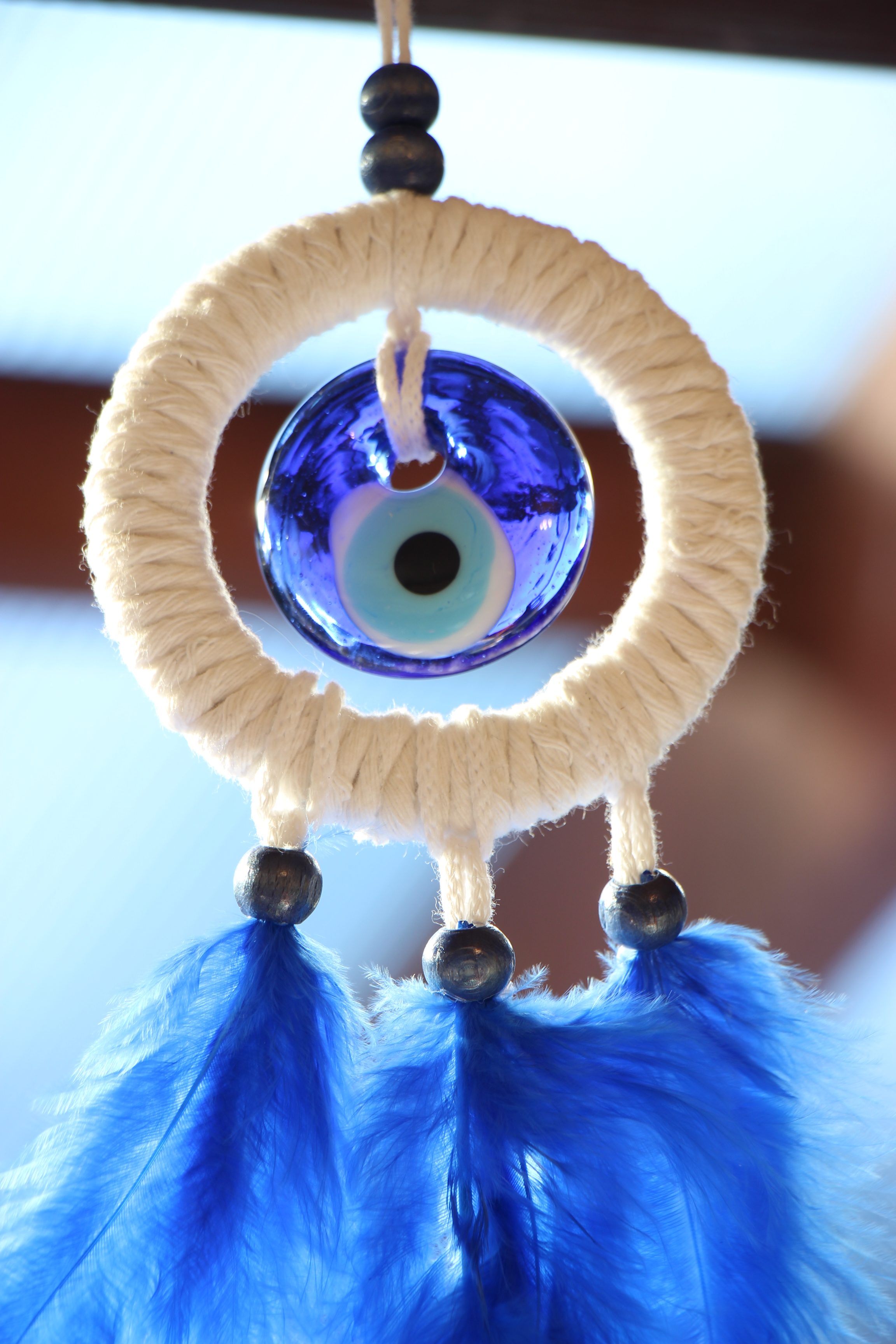 Evil Eye Dream Catcher Small With Glass Evil Eye blue feathers 1