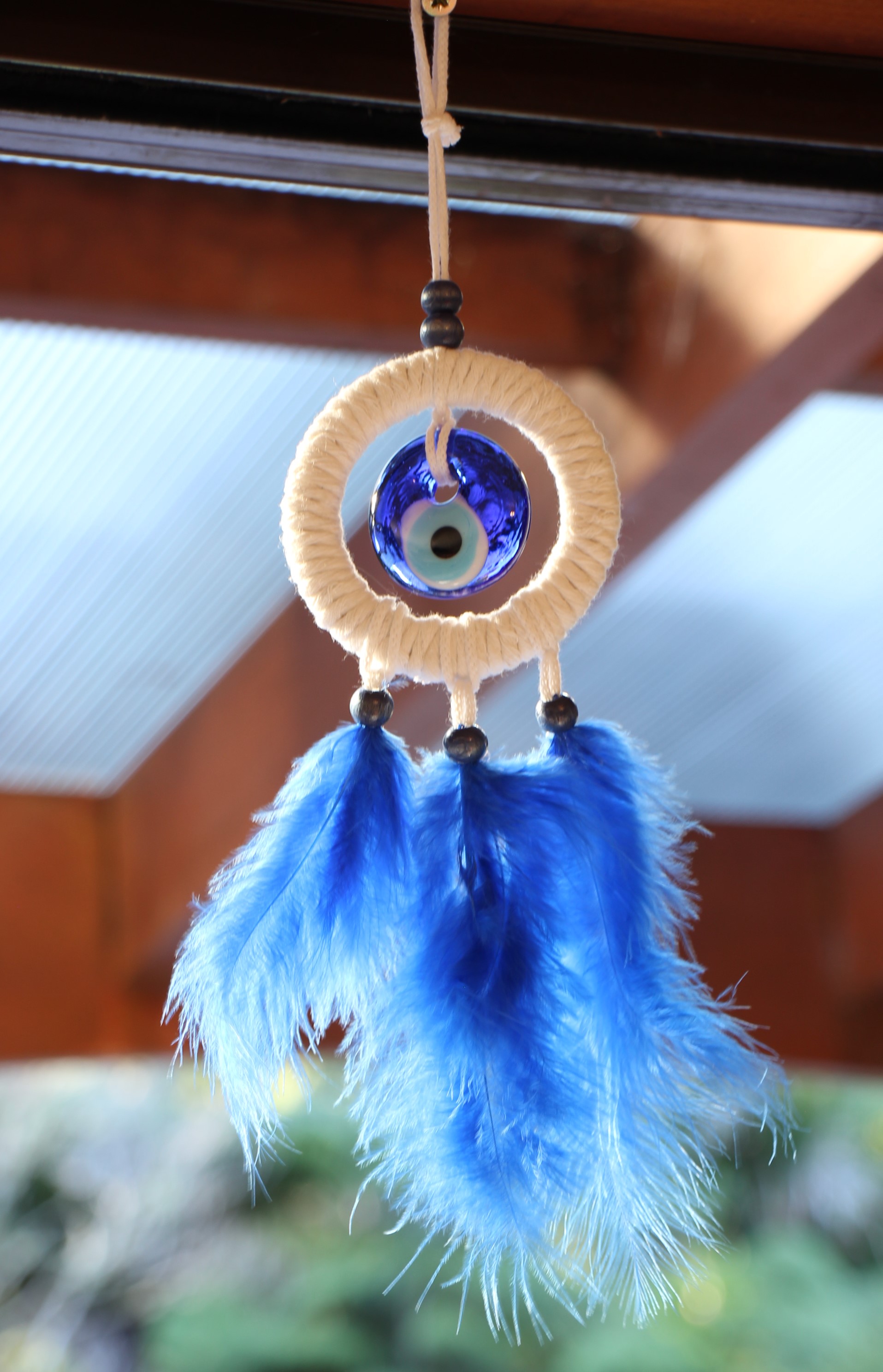Evil Eye Dream Catcher Small With Glass Evil Eye blue feathers