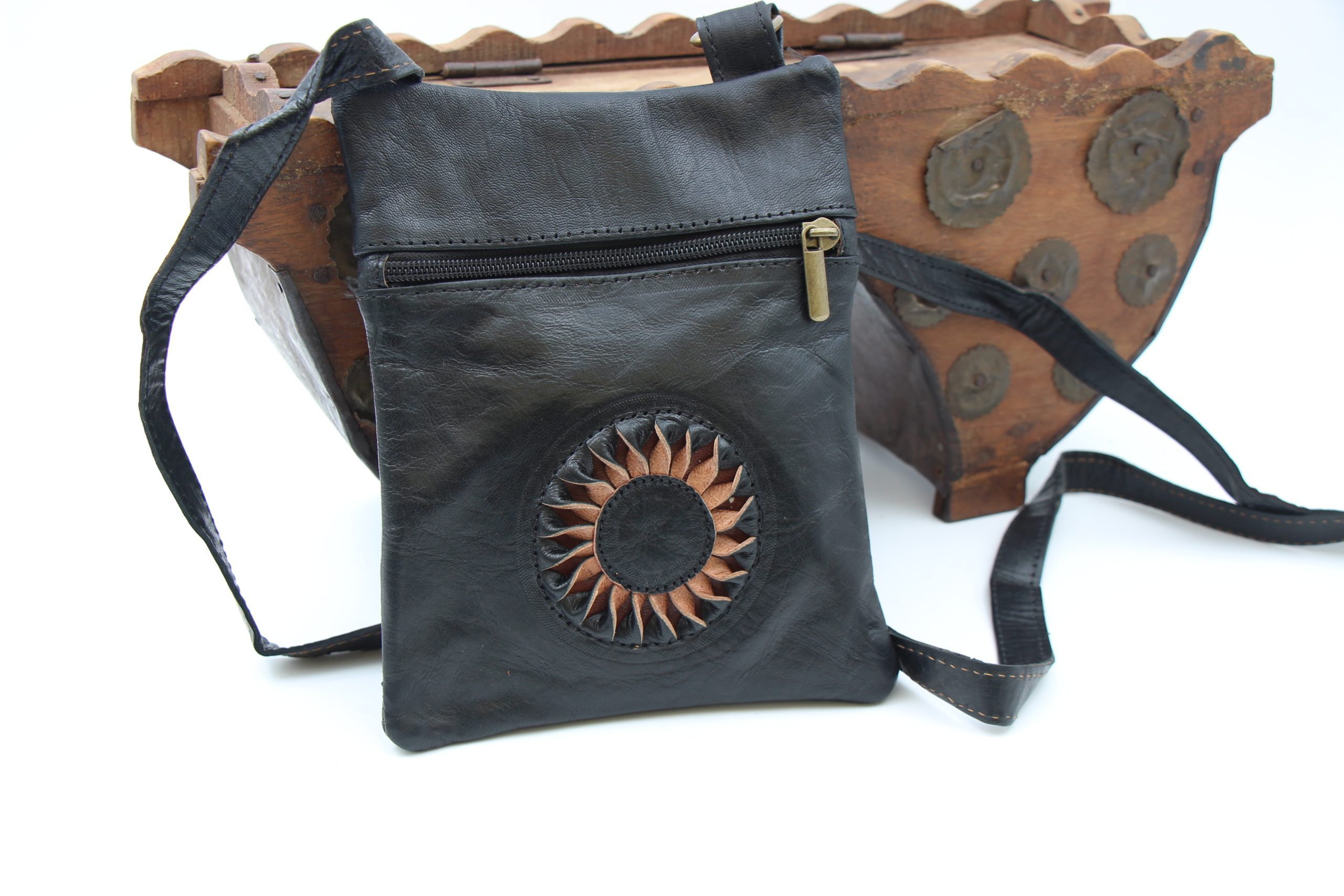 Genuine Moroccan Black Leather Cross Over Bag - With 3D Sunflower logo 1
