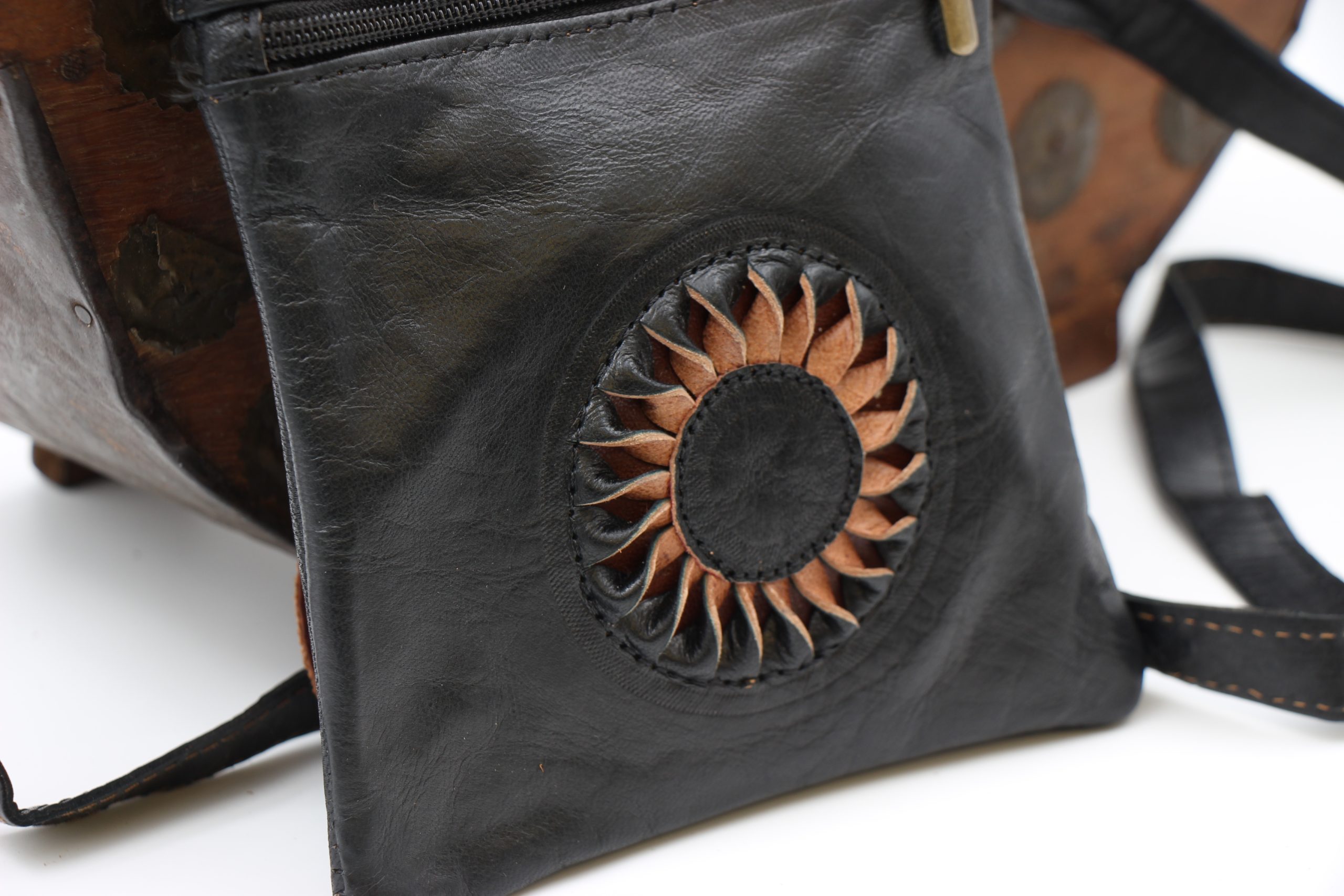 Genuine Moroccan Black Leather Cross Over Bag - With 3D Sunflower logo 2