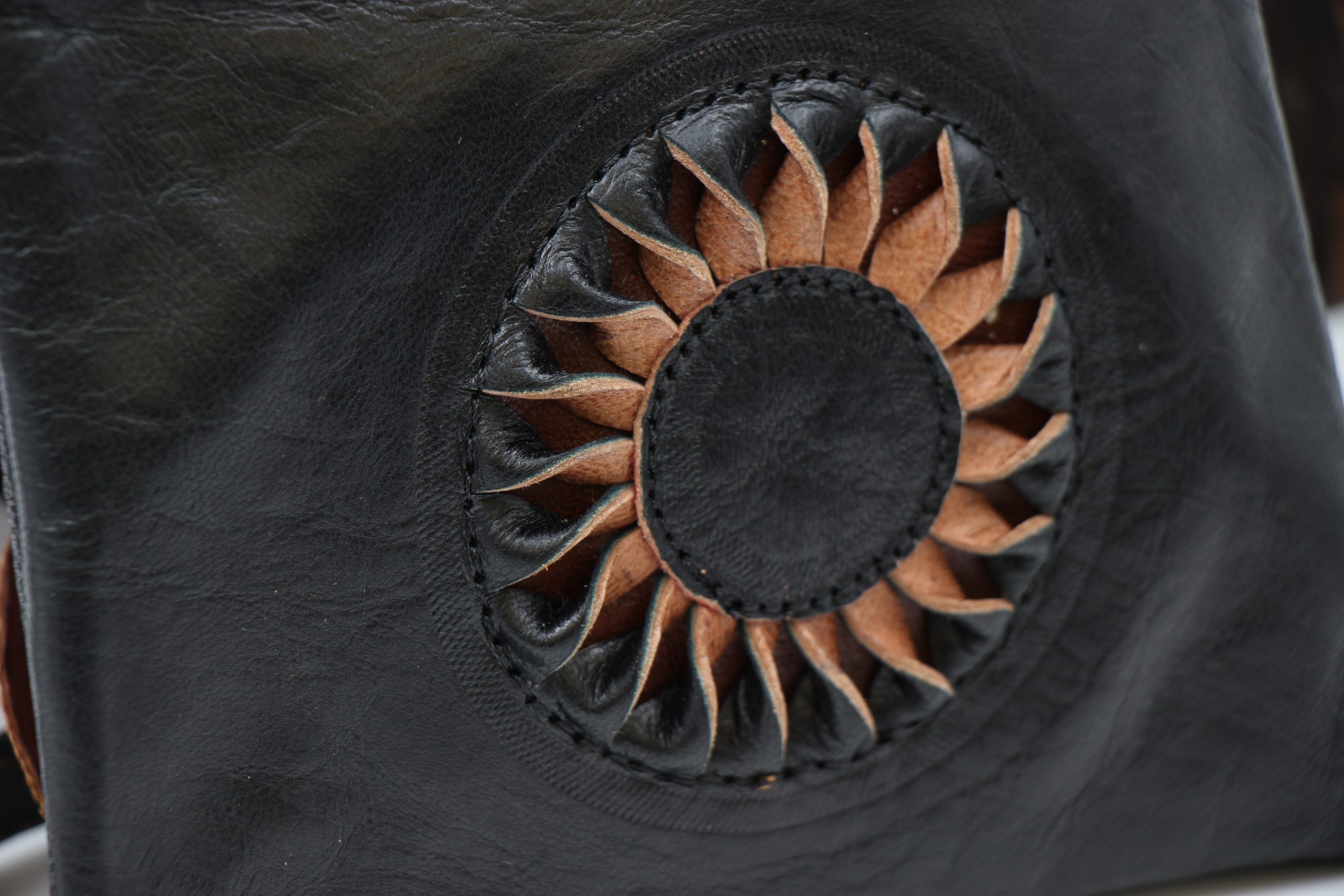 Genuine Moroccan Black Leather Cross Over Bag - With 3D Sunflower logo 3