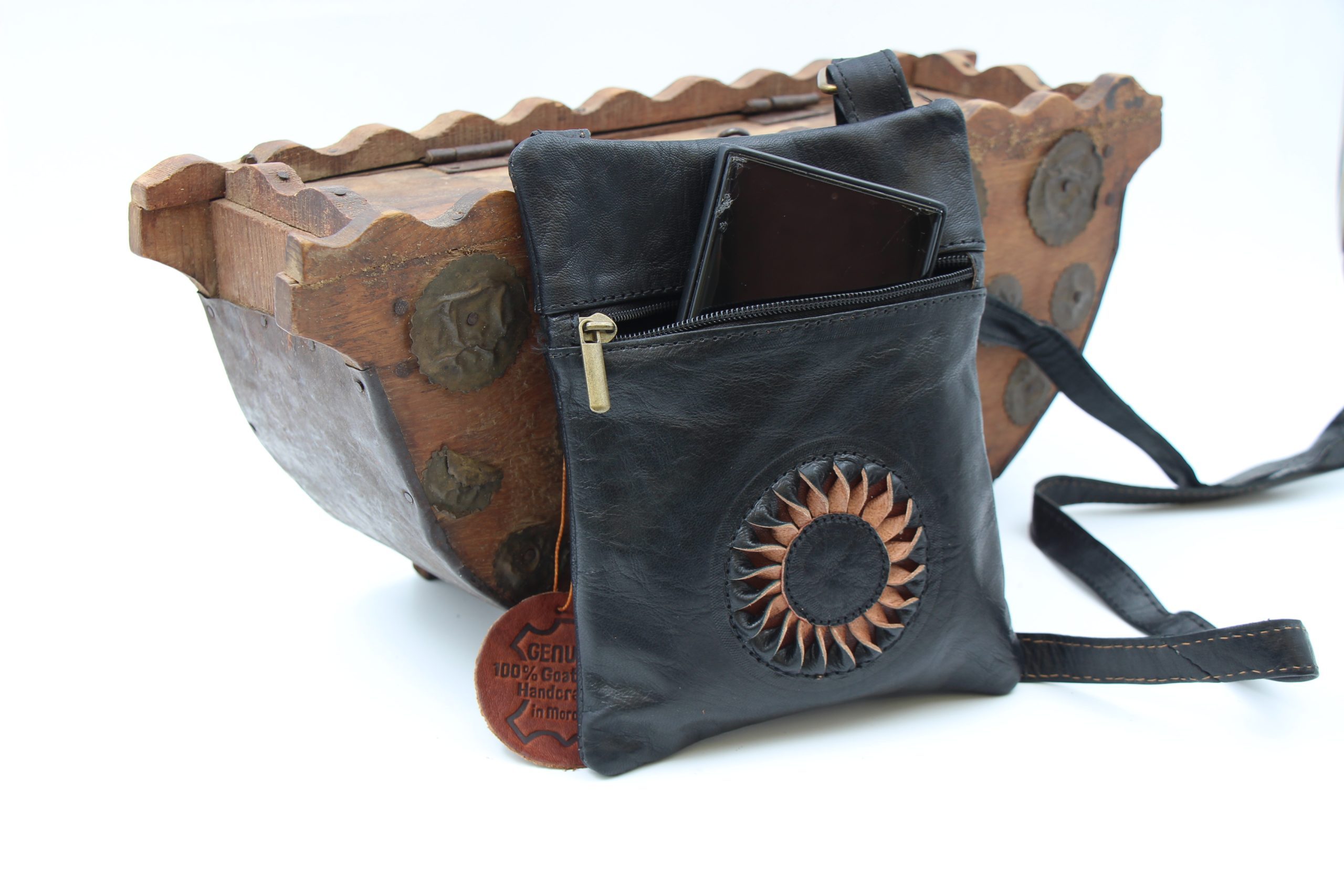 Genuine Moroccan Black Leather Cross Over Bag - With 3D Sunflower logo 4