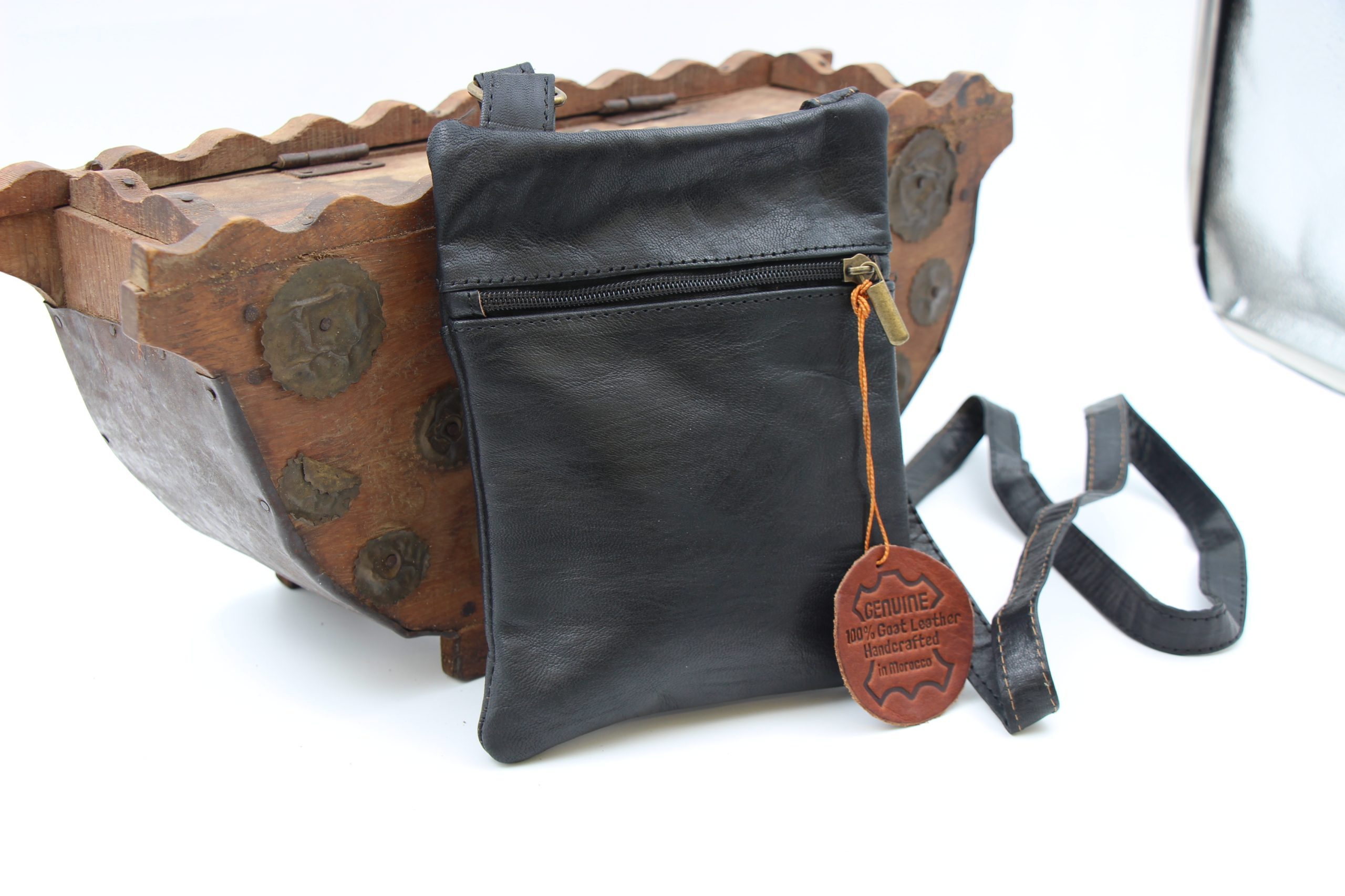 Genuine Moroccan Black Leather Cross Over Bag - With 3D Sunflower logo 5