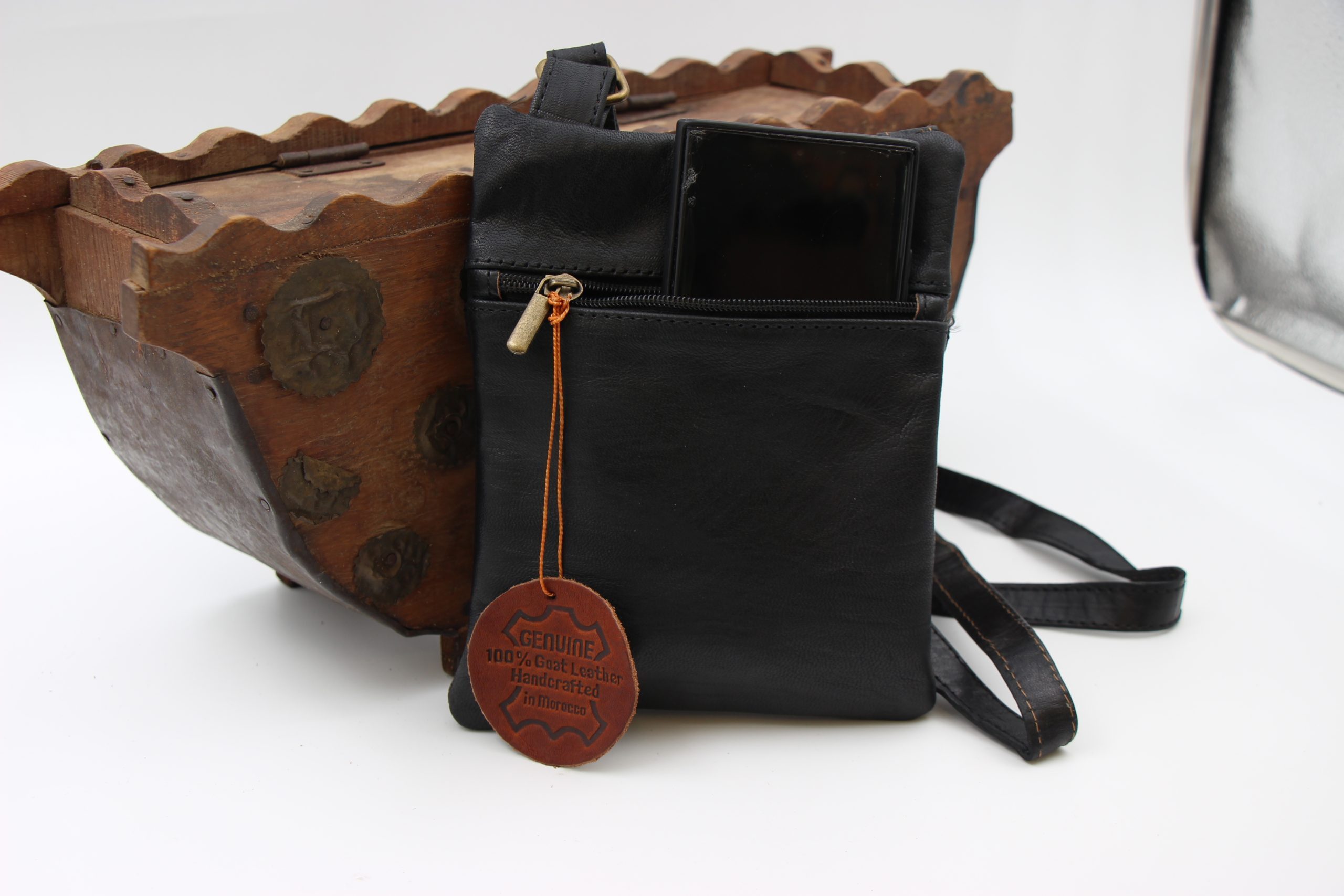 Genuine Moroccan Black Leather Cross Over Bag - With 3D Sunflower logo 6