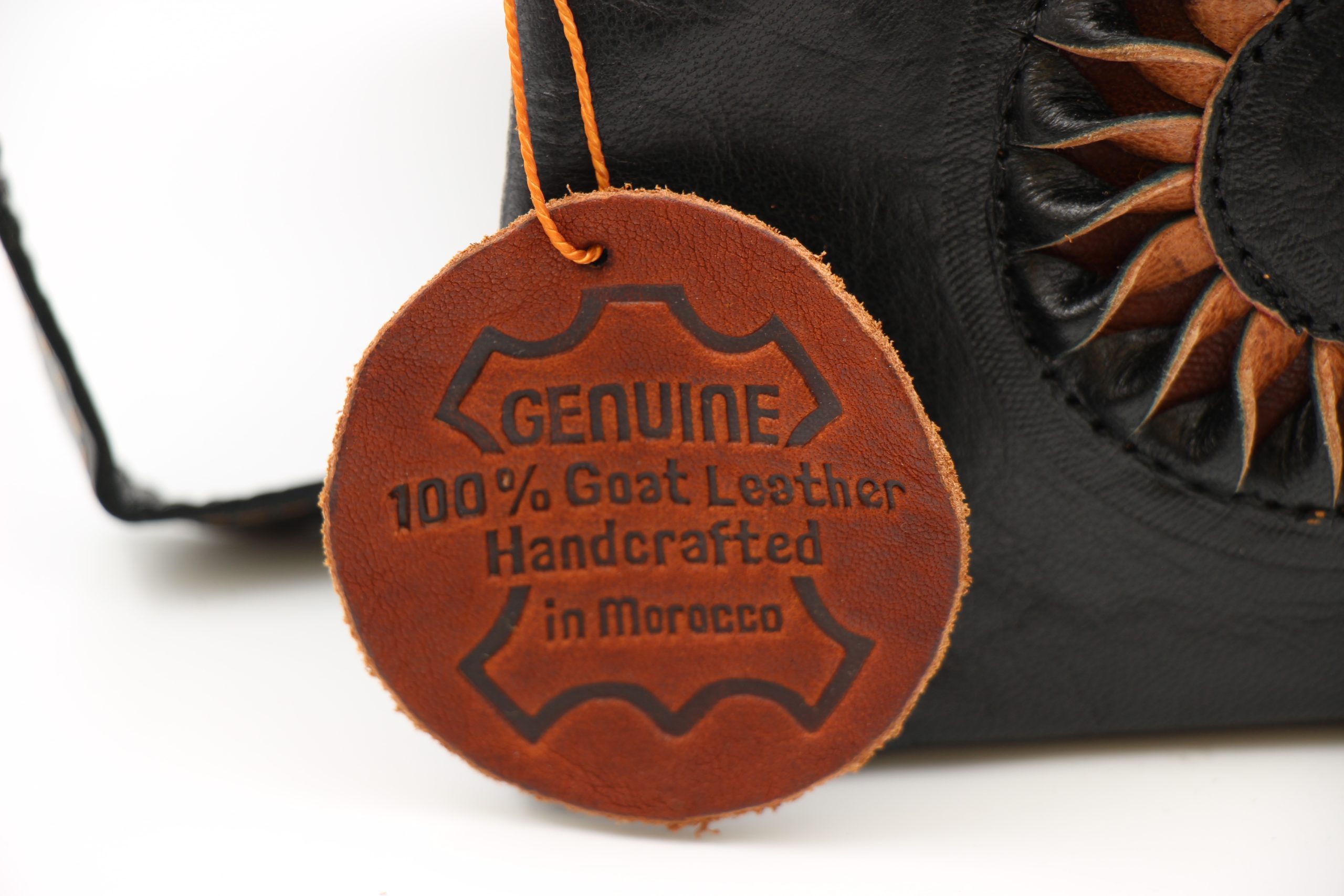 Genuine Moroccan Black Leather Cross Over Bag - With 3D Sunflower logo