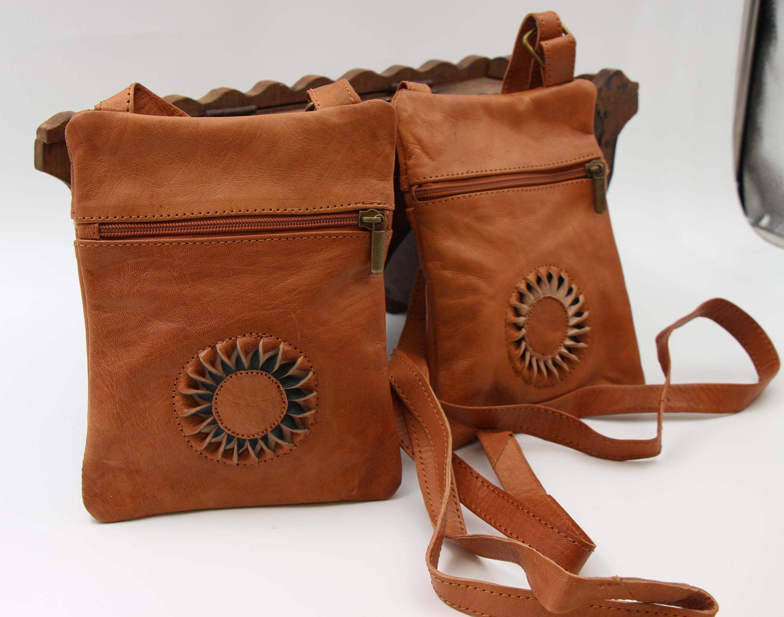 Genuine Moroccan Brown Leather Cross Over Bag - With 3D Sunflower logo 1
