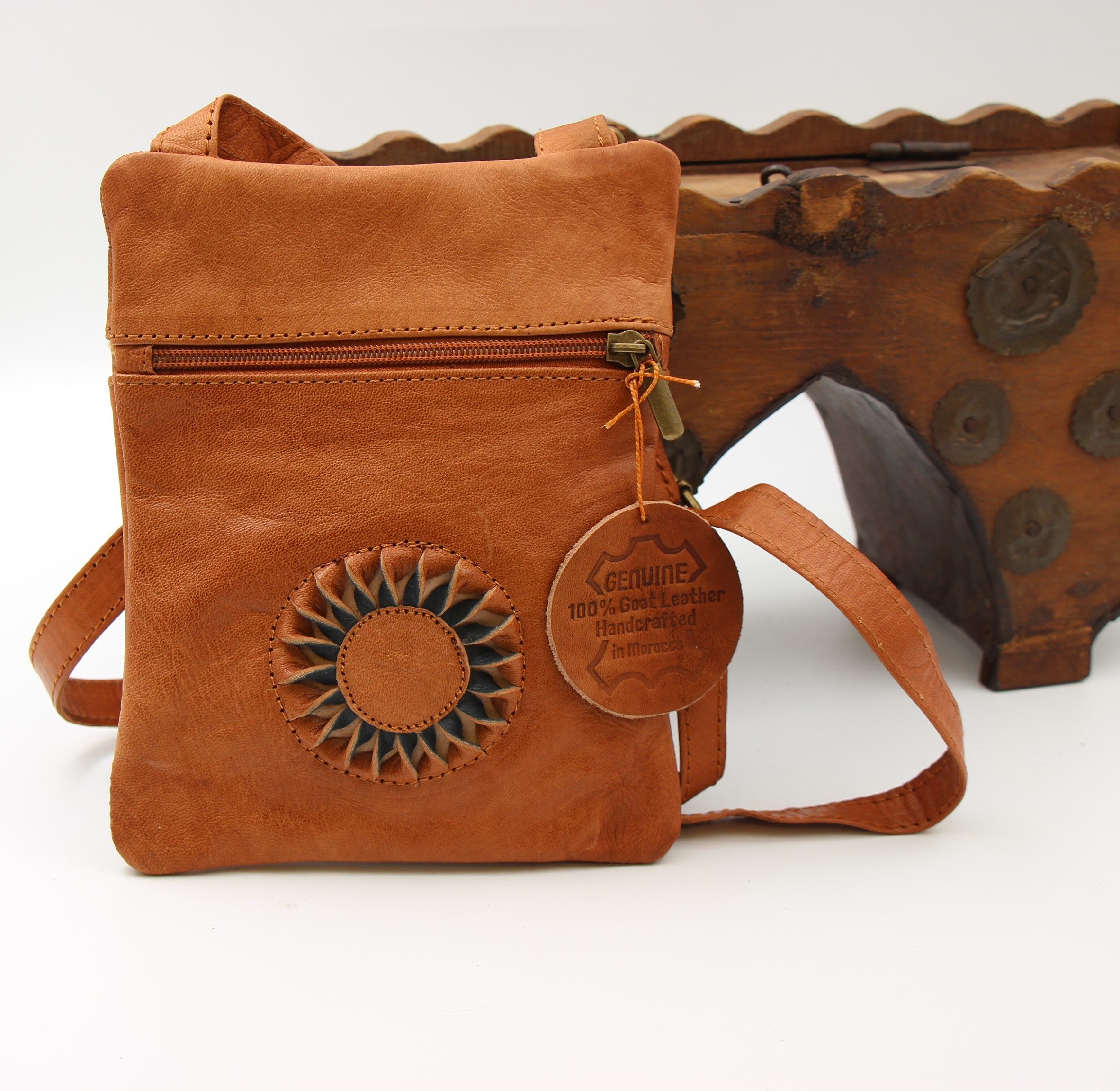 Genuine Moroccan Brown Leather Cross Over Bag - With 3D Sunflower logo 2