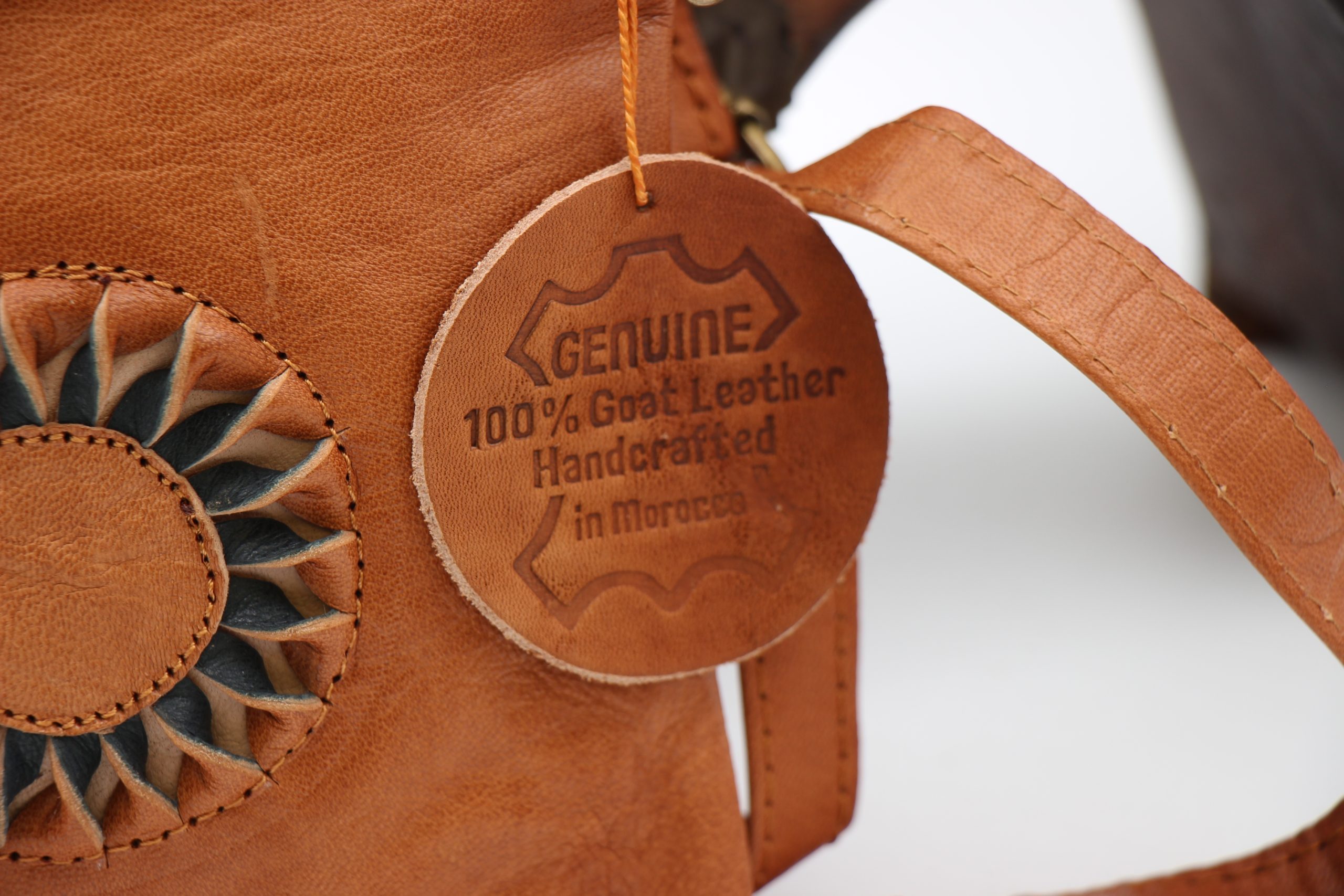 Genuine Moroccan Brown Leather Cross Over Bag - With 3D Sunflower logo 3