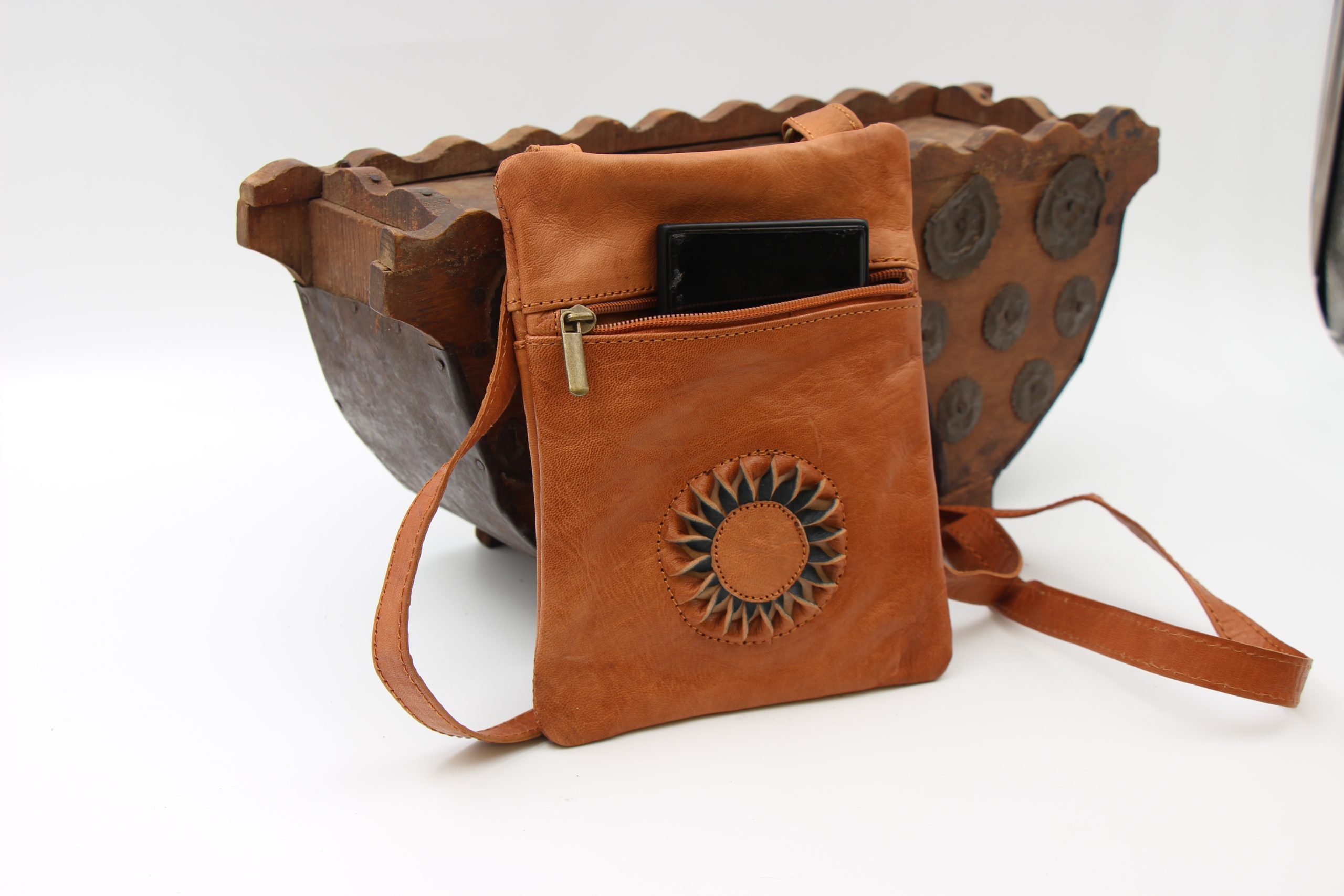 Genuine Moroccan Brown Leather Cross Over Bag - With 3D Sunflower logo 4