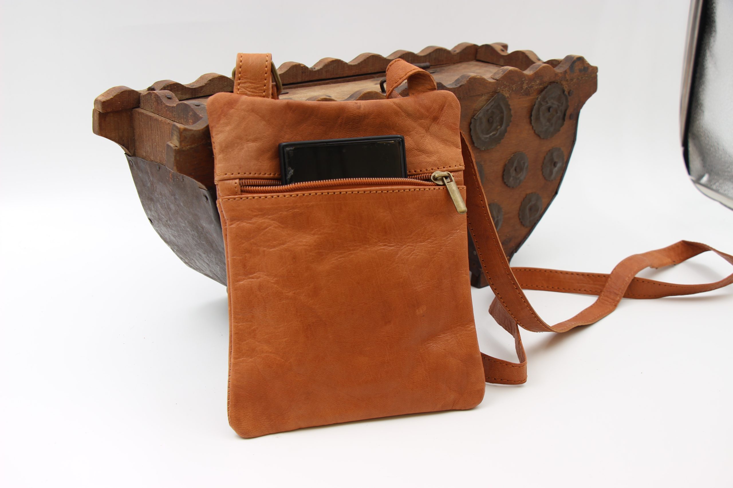 Genuine Moroccan Brown Leather Cross Over Bag - With 3D Sunflower logo 6