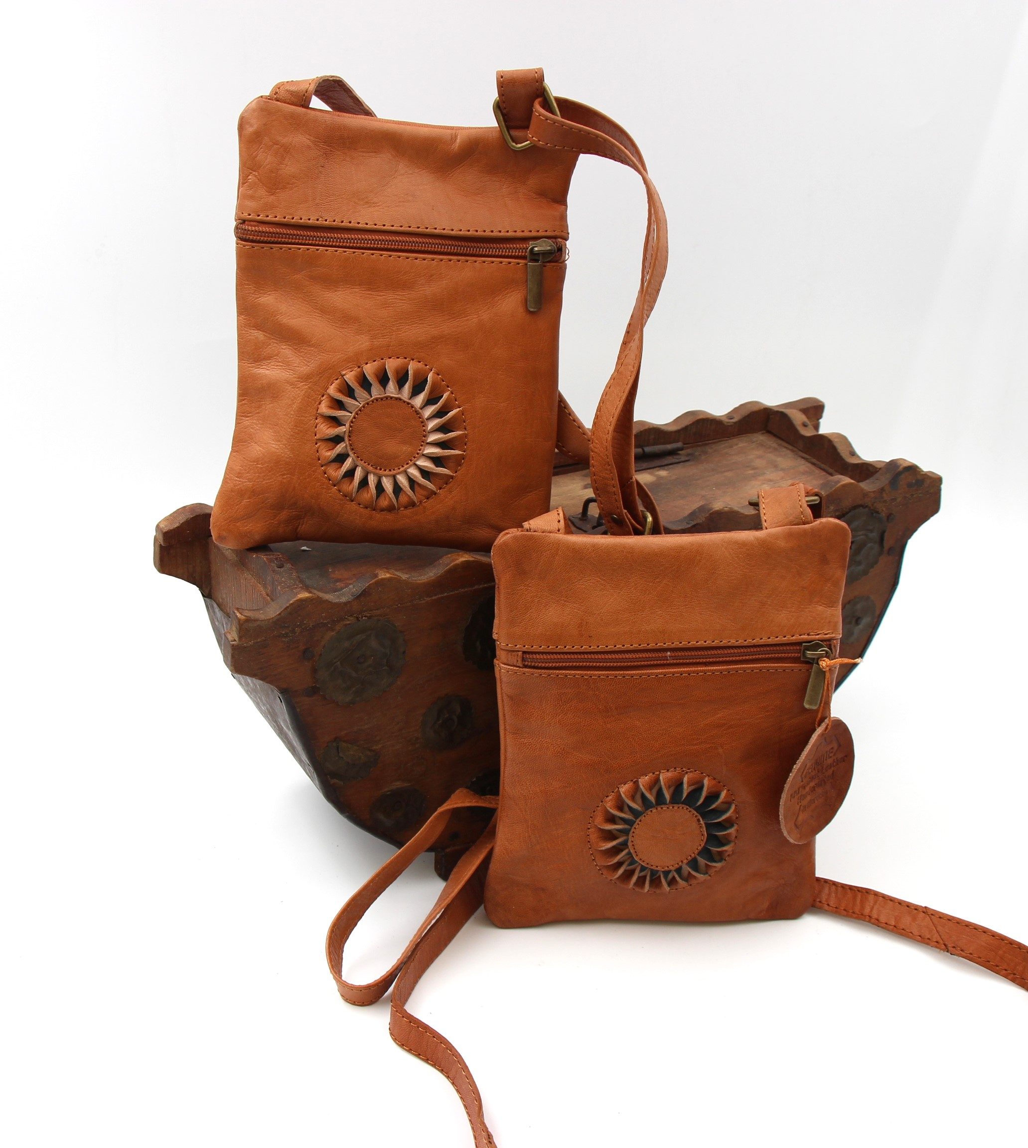 Genuine Moroccan Brown Leather Cross Over Bag - With 3D Sunflower logo 7