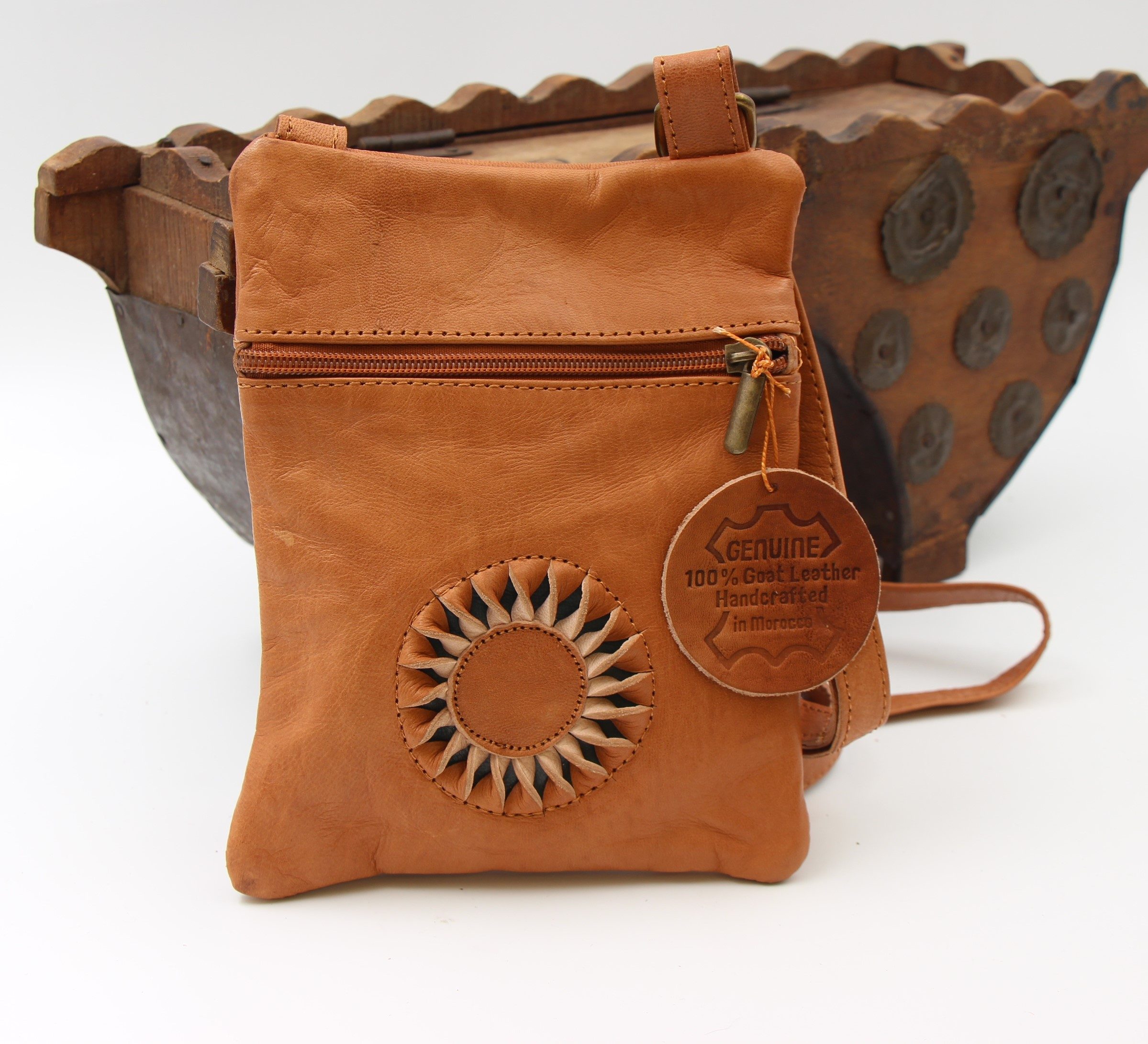 Genuine Moroccan Brown Leather Cross Over Bag - With 3D Sunflower logo Tan sun