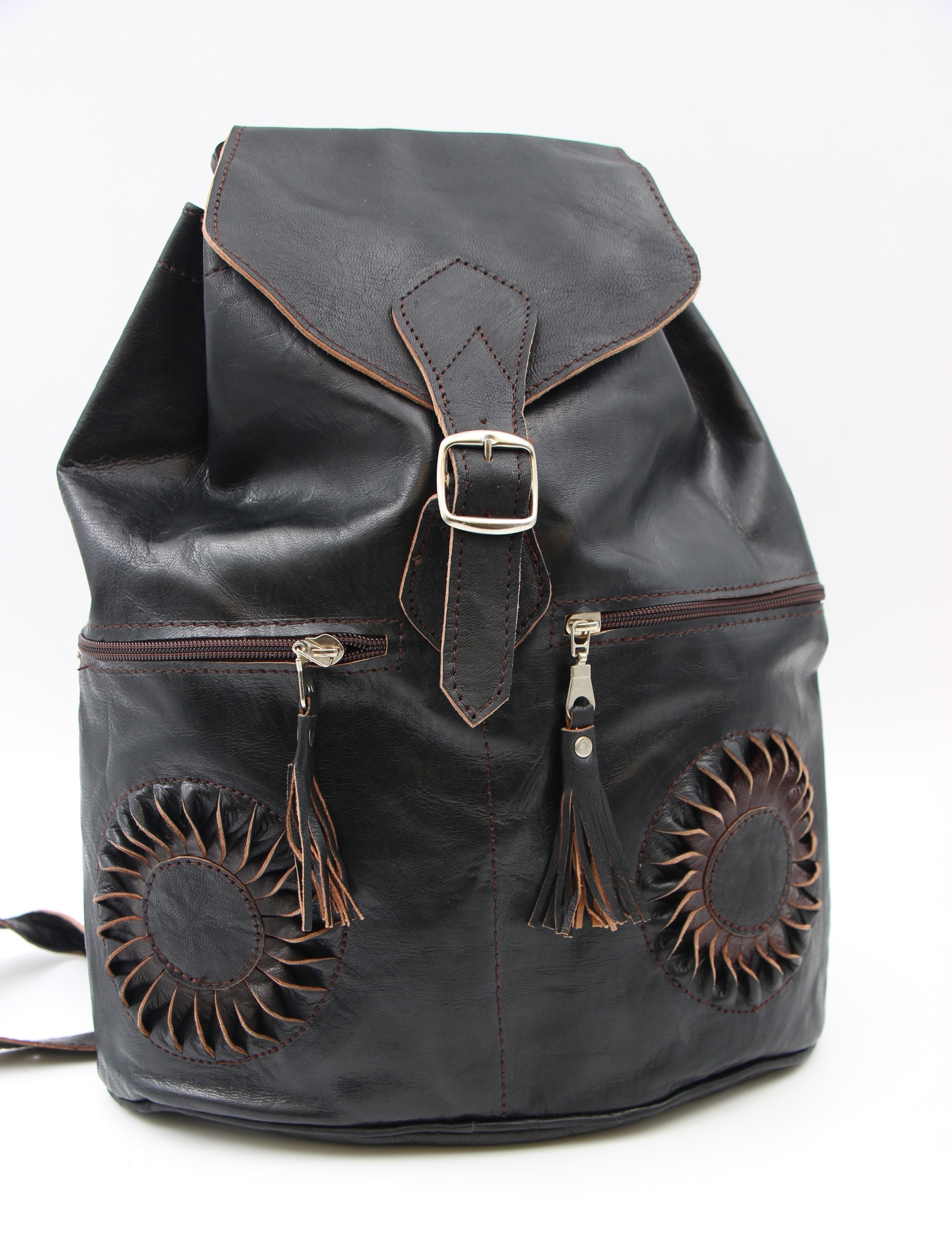 Genuine Moroccan Leather Back Pack - Black With Black Sunflower 1