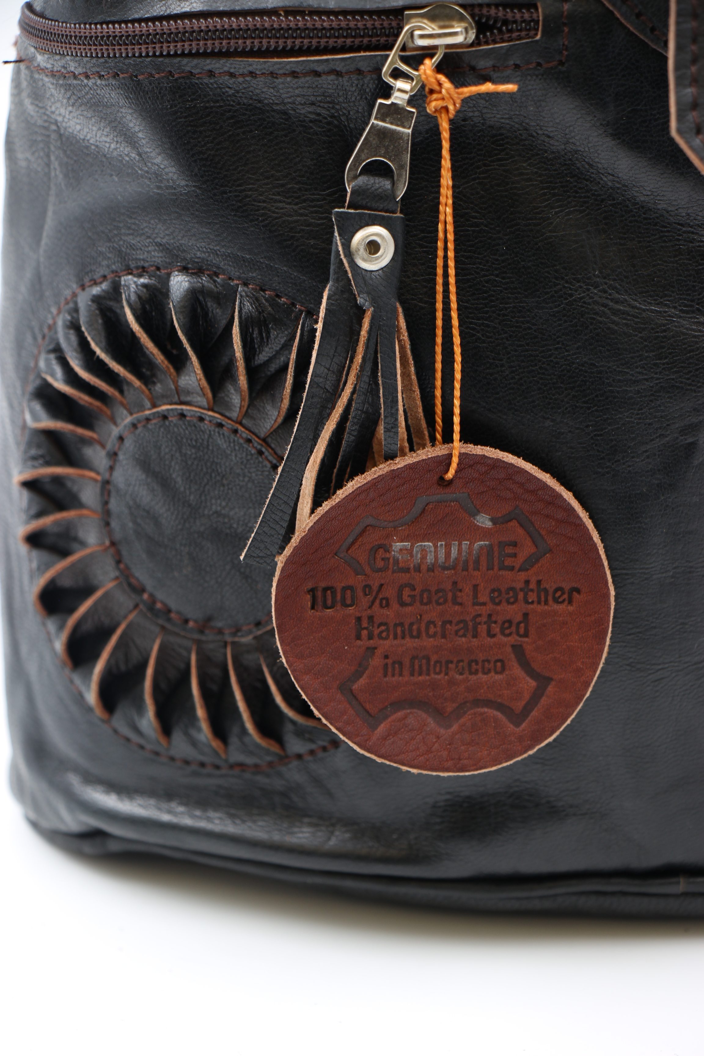 Genuine Moroccan Leather Back Pack - Black With Black Sunflower 2