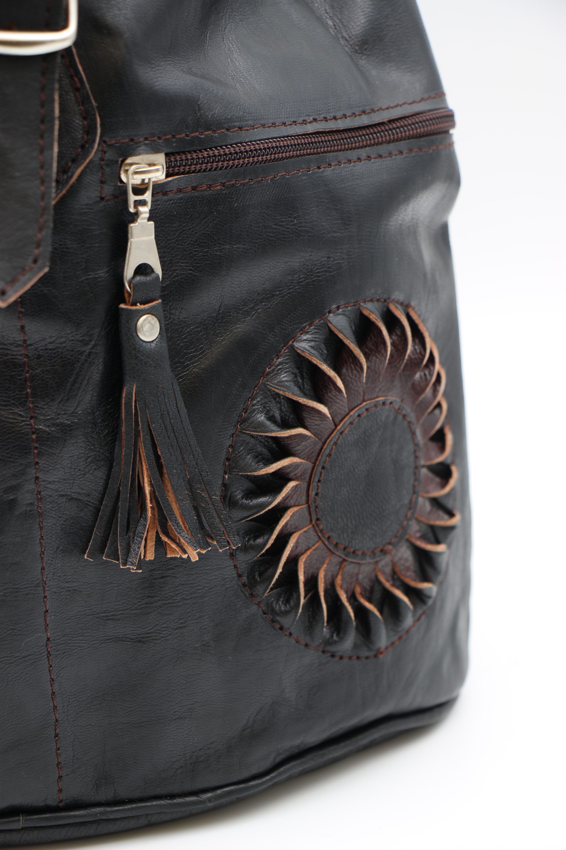 Genuine Moroccan Leather Back Pack - Black With Black Sunflower 3