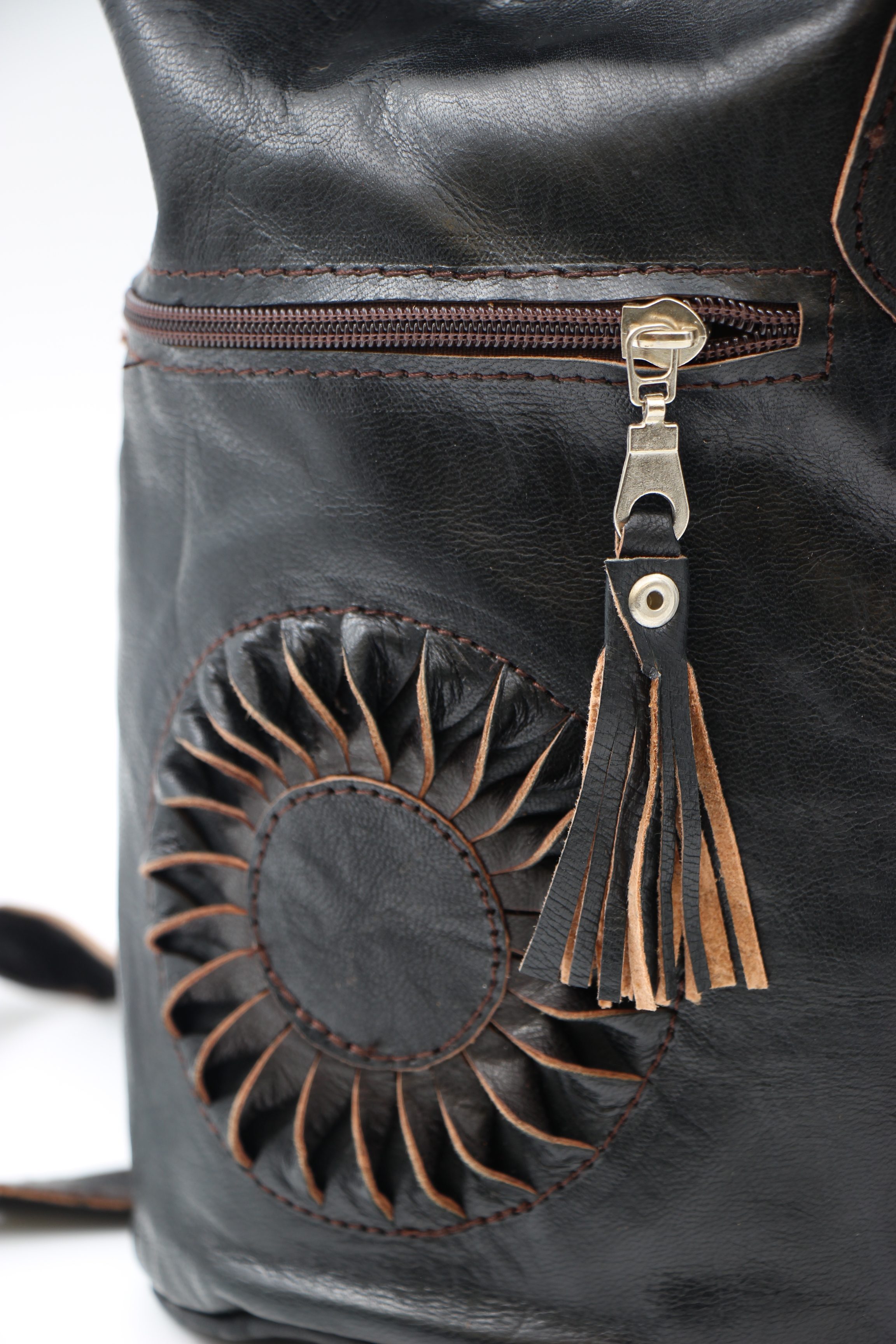 Genuine Moroccan Leather Back Pack - Black With Black Sunflower 4