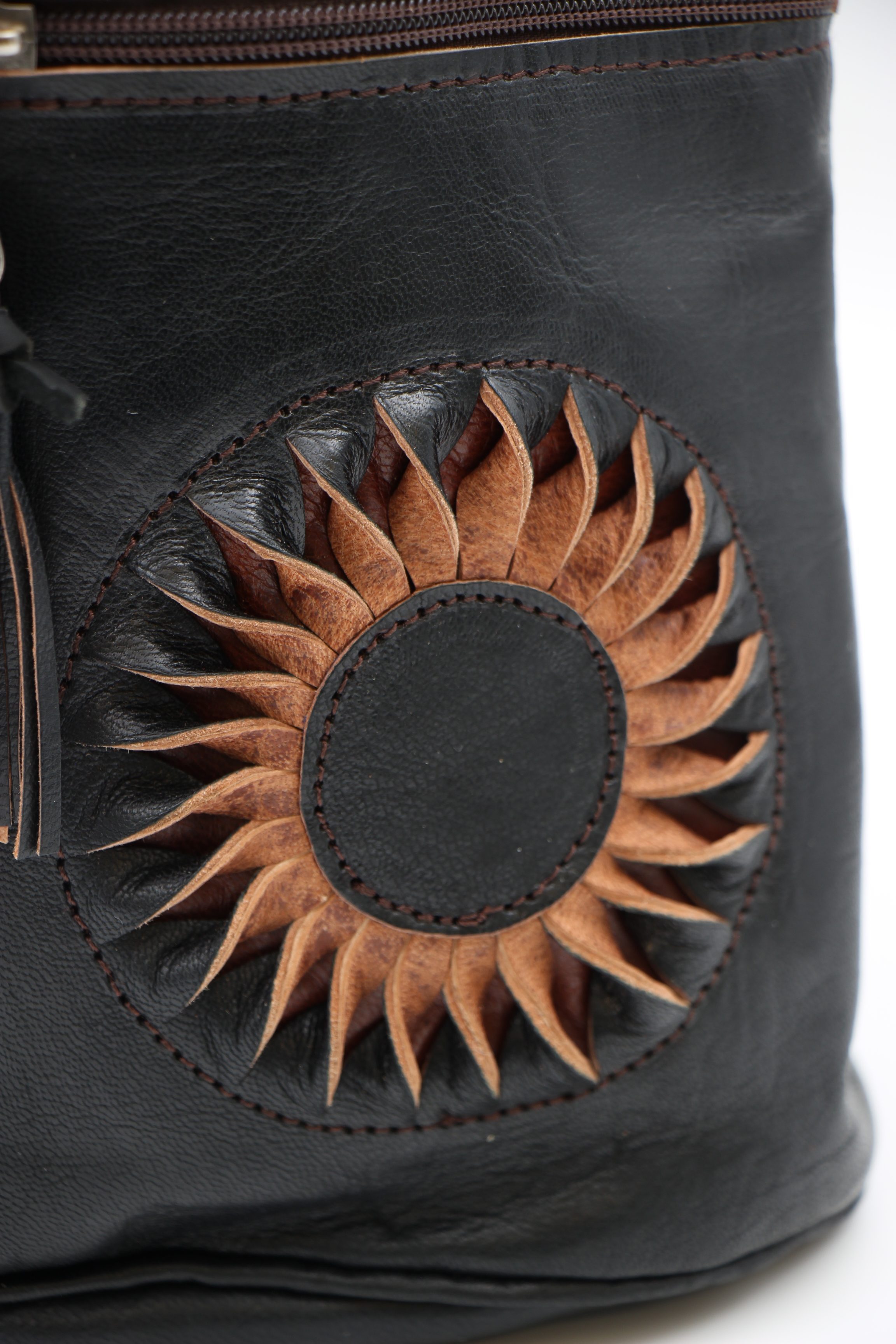 Genuine Moroccan Leather Back Pack - Black With Black & Tan Sunflower 1