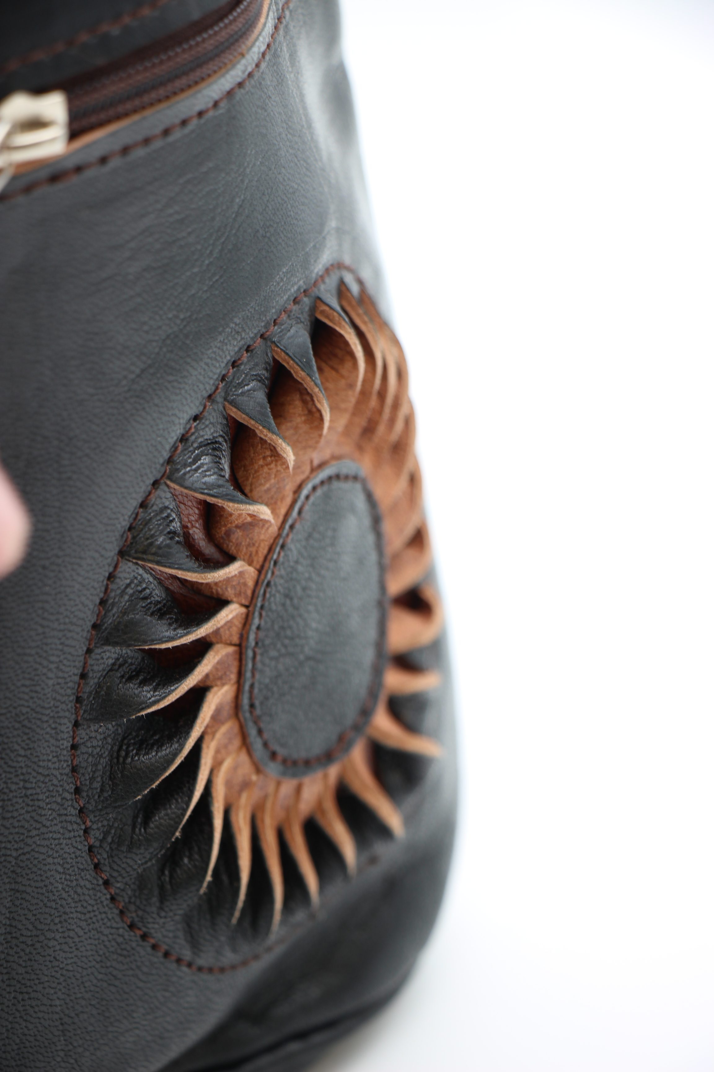 Genuine Moroccan Leather Back Pack - Black With Black & Tan Sunflower 3