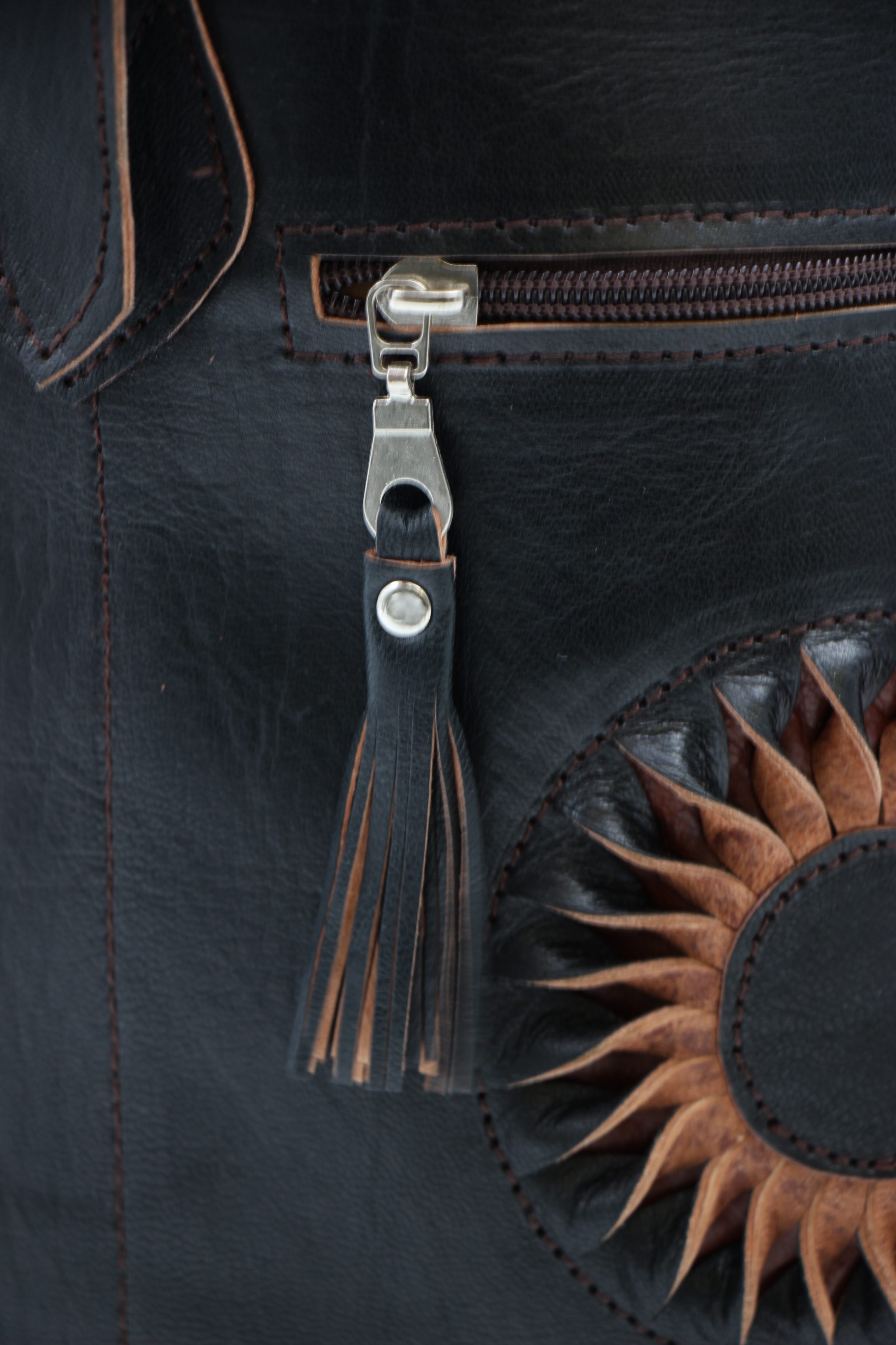 Genuine Moroccan Leather Back Pack - Black With Black & Tan Sunflower 4