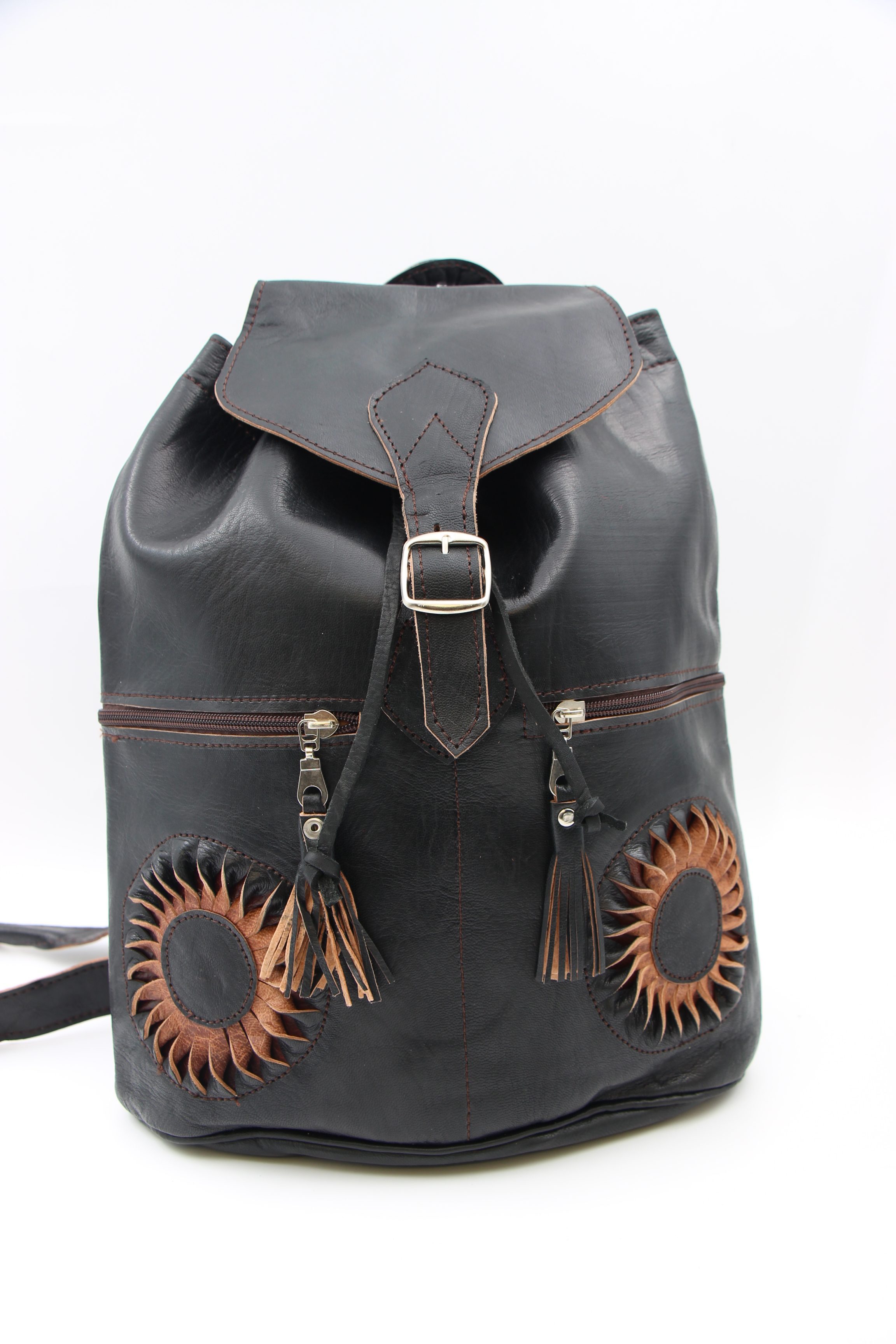 Genuine Moroccan Leather Back Pack - Black With Black & Tan Sunflower