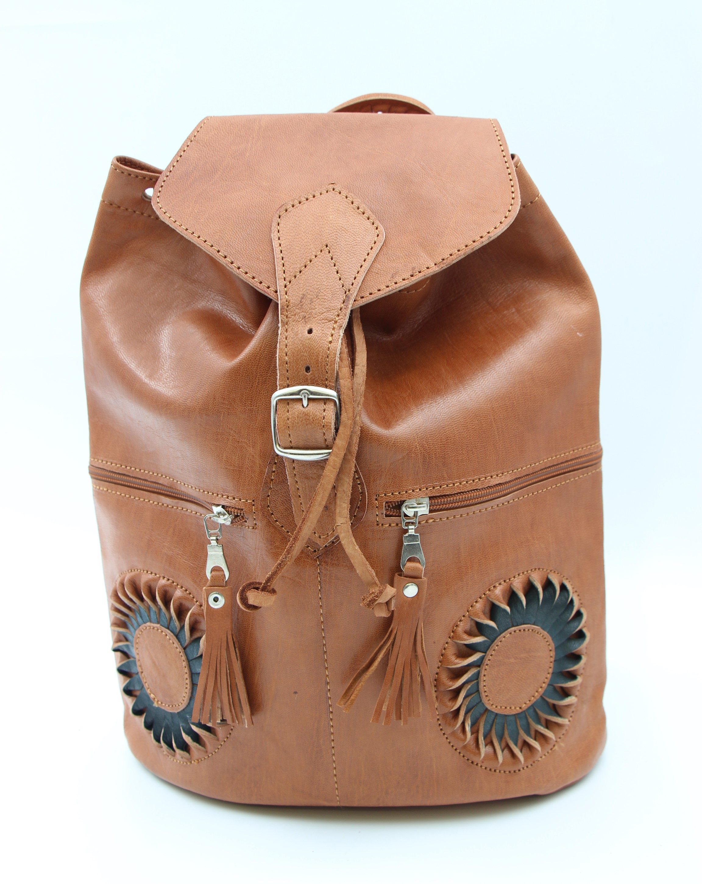 Genuine Moroccan Leather Back Pack - Brown With Black & Tan Sunflower