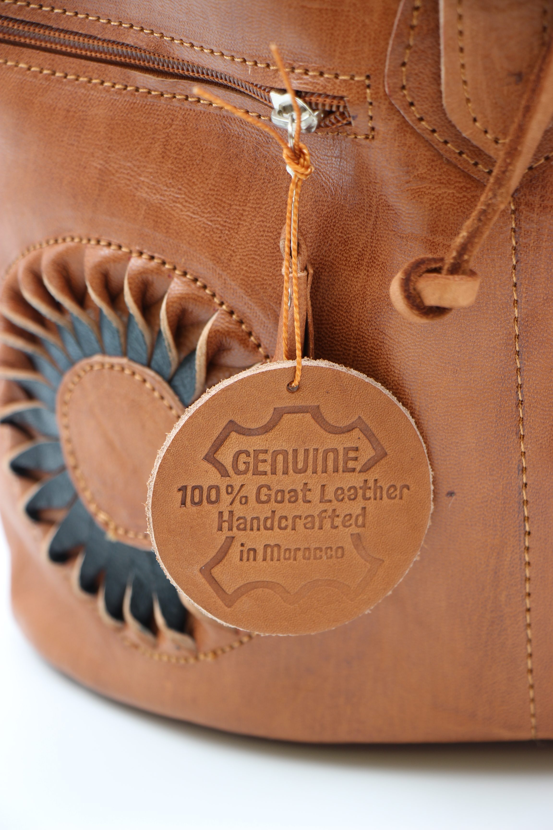 Genuine Moroccan Leather Back Pack - Brown With Black & Tan Sunflower 1