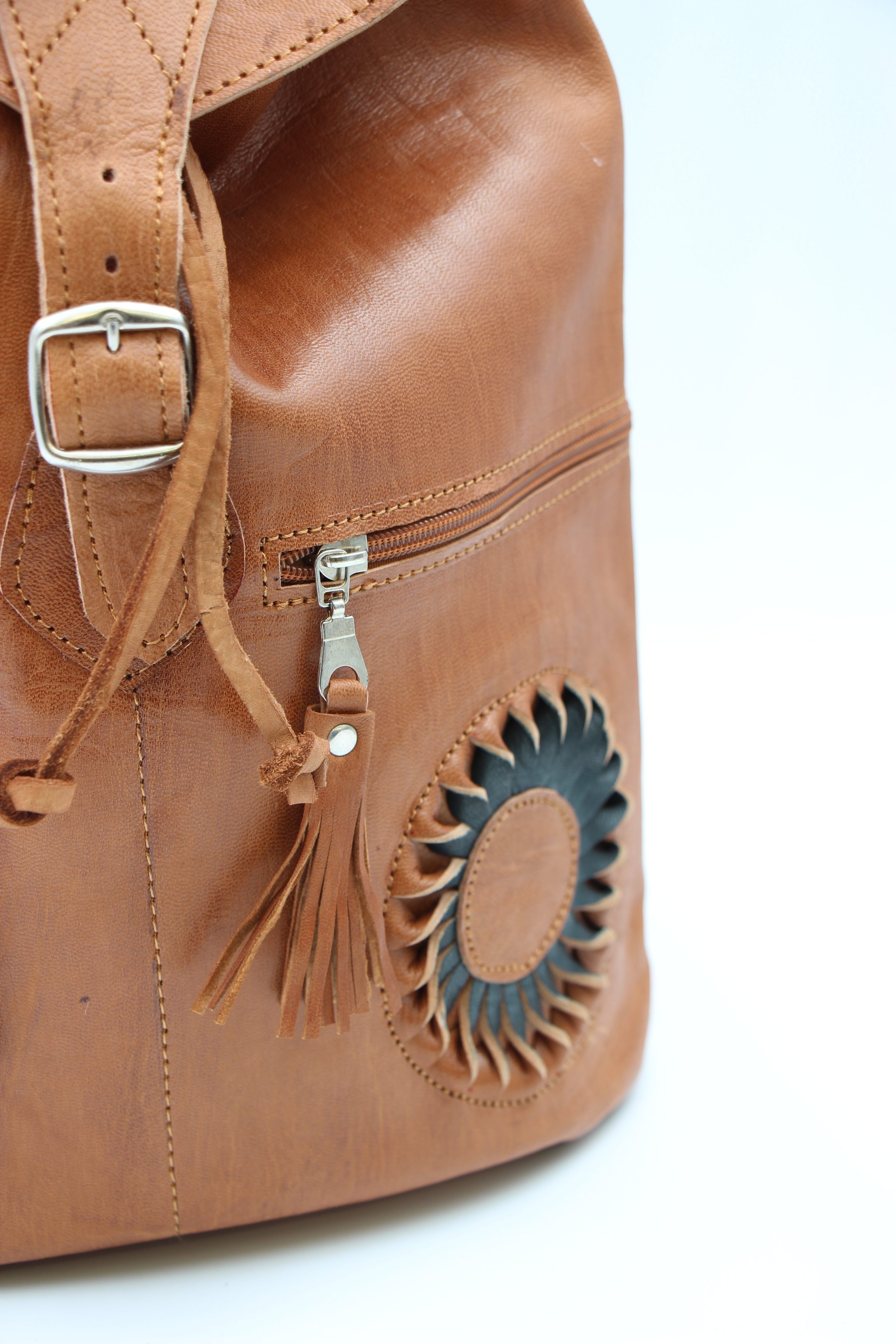 Genuine Moroccan Leather Back Pack - Brown With Black & Tan Sunflower 2