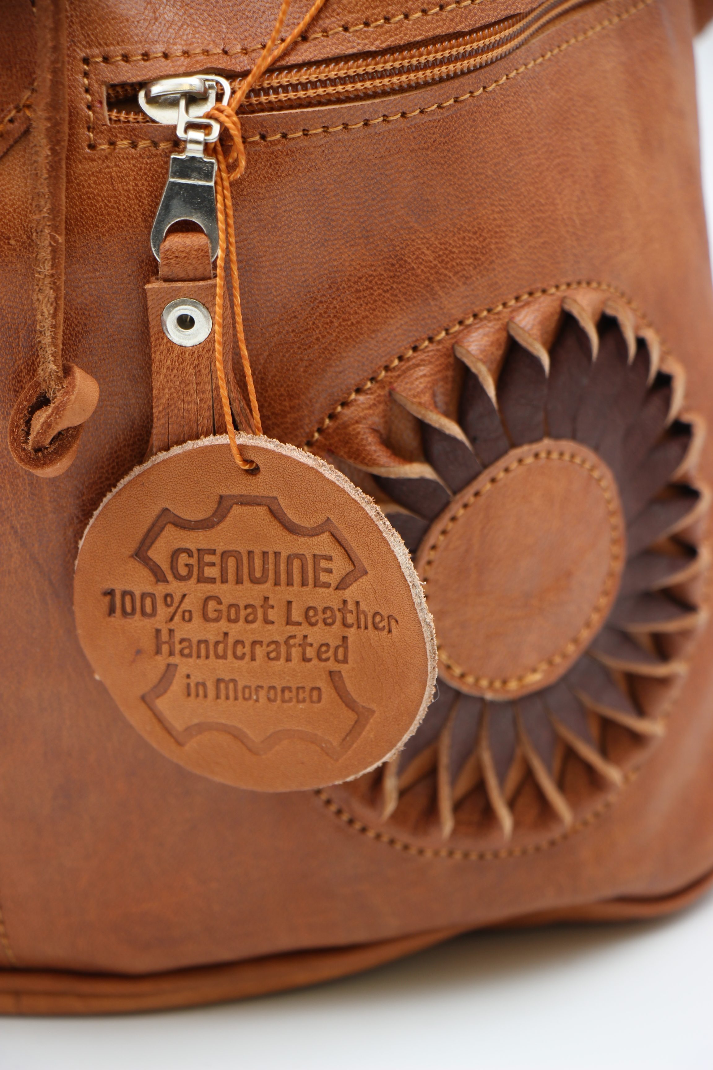 Genuine Moroccan Leather Back Pack - Brown With Brown Sunflowers 1