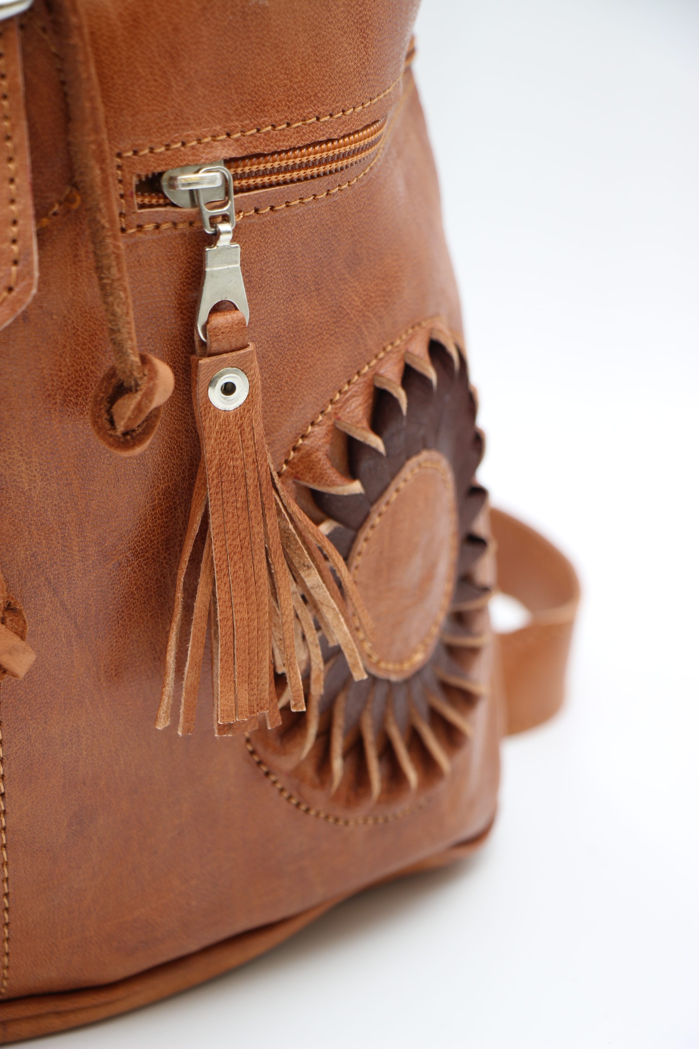 Genuine Moroccan Leather Back Pack - Brown With Brown Sunflowers 2